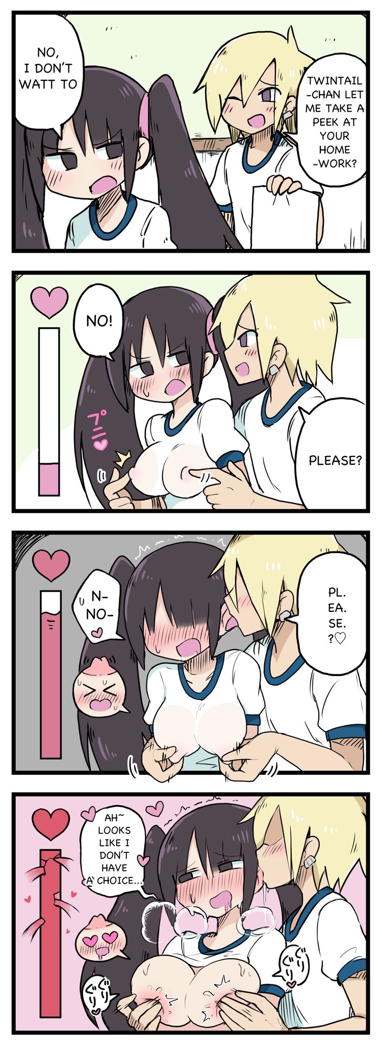 >_< 1boy 1girls 2021 4koma absurd_res annoyed bare_arms begging black_eyes black_hair blonde_hair blush breast_focus breast_grab breasts brown_eyes close-up comic dialogue drooling ear_licking ear_nibble ear_piercing english_text eyebrows_visible_through_hair eyes_visible_through_hair female gyaruo gym_uniform heart heart_eyes heavy_breathing highres homework indoors licking long_hair long_twintails looking_at_another looking_away looking_down male matching_hair/eyes medium_breasts messy_hair nipple_pinch nipple_pull nipple_stimulation nipple_tweak nipples one_eye_closed open_mouth orgasm_meter pervert piercing pokies school secretly_loves_it see-through shaded_face shirt shirt_lift short_hair smile speech_bubble sweat sweating sweating_profusely sweaty_breasts tan text tied_hair tongue tongue_out translated twintail-chan_(white-stew) twintail-chan_will_have_s○x_in_100_days twintails typo webcomic wet wet_clothes white-stew wink