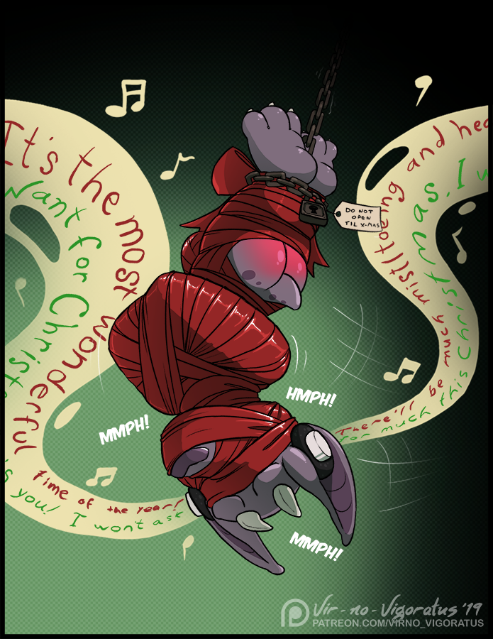 1boy 2020 3_toes after_spanking anthro ass biped black_background bondage bound bulge chains christmas claws digital_drawing_(artwork) digital_media_(artwork) english_text feet flint_(vir-no-vigoratus) gargoyle gay glistening gradient_background green_background headphones holidays horn listening_to_music living_gift lock long_duration_bondage male malesub musical_note muzzle_(object) muzzled purple_body purple_nose ribbons simple_background solo solo_male spank_marks struggling submissive_male text toe_claws toes upside-down vir-no-vigoratus yaoi