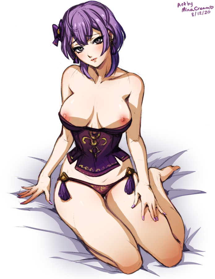 1girls artist_name bare_arms bare_legs bare_shoulders barefoot bernadetta_von_varley breasts breasts_out collarbone dated fire_emblem fire_emblem:_three_houses grey_eyes head_tilt kneeling light_blush lips looking_at_viewer medium_breasts medium_hair minacream nail_polish nintendo nipples on_bed panties post-timeskip purple_hair purple_nails solo violet_panties