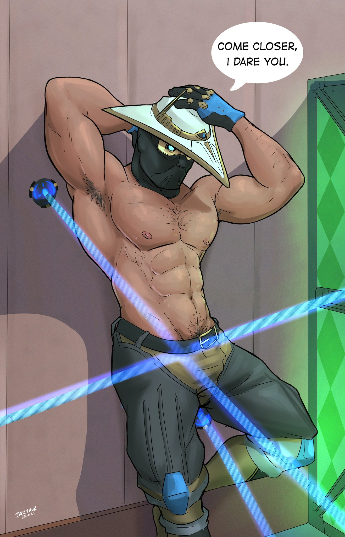 bulge, cyborg, cypher (valorant), gay, human, laser, male, male on male, male only, male/male, nipples, tagme, topless, valorant
