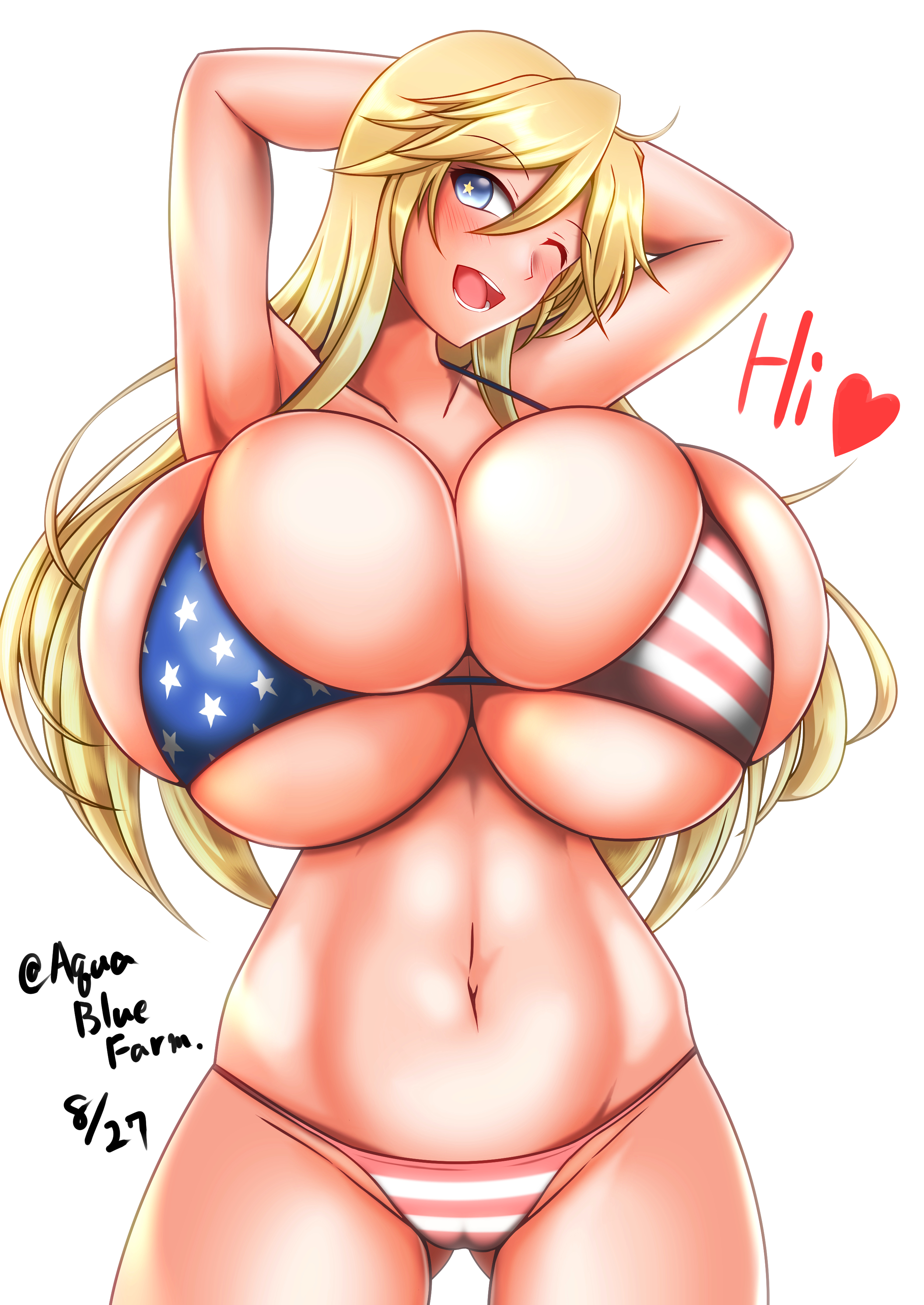 american flag, american flag bikini, aquabluefarm, blinking, blonde hair, blue eyes, breasts, bursting breasts, cleavage, curvy, female, huge breasts, iowa (kantai collection), kantai collection, long hair, looking at viewer, micro bikini, miz4, thick thighs, tight clothing