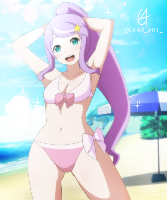 anastasia_hoshin armpits arms_behind_head beach blue_eyes breasts female female_only gear_art hair_ornament long_hair medium_breasts midriff navel open_mouth purple_hair re:zero_kara_hajimeru_isekai_seikatsu solo solo_female star_(symbol) star_hair_ornament swimsuit thighs