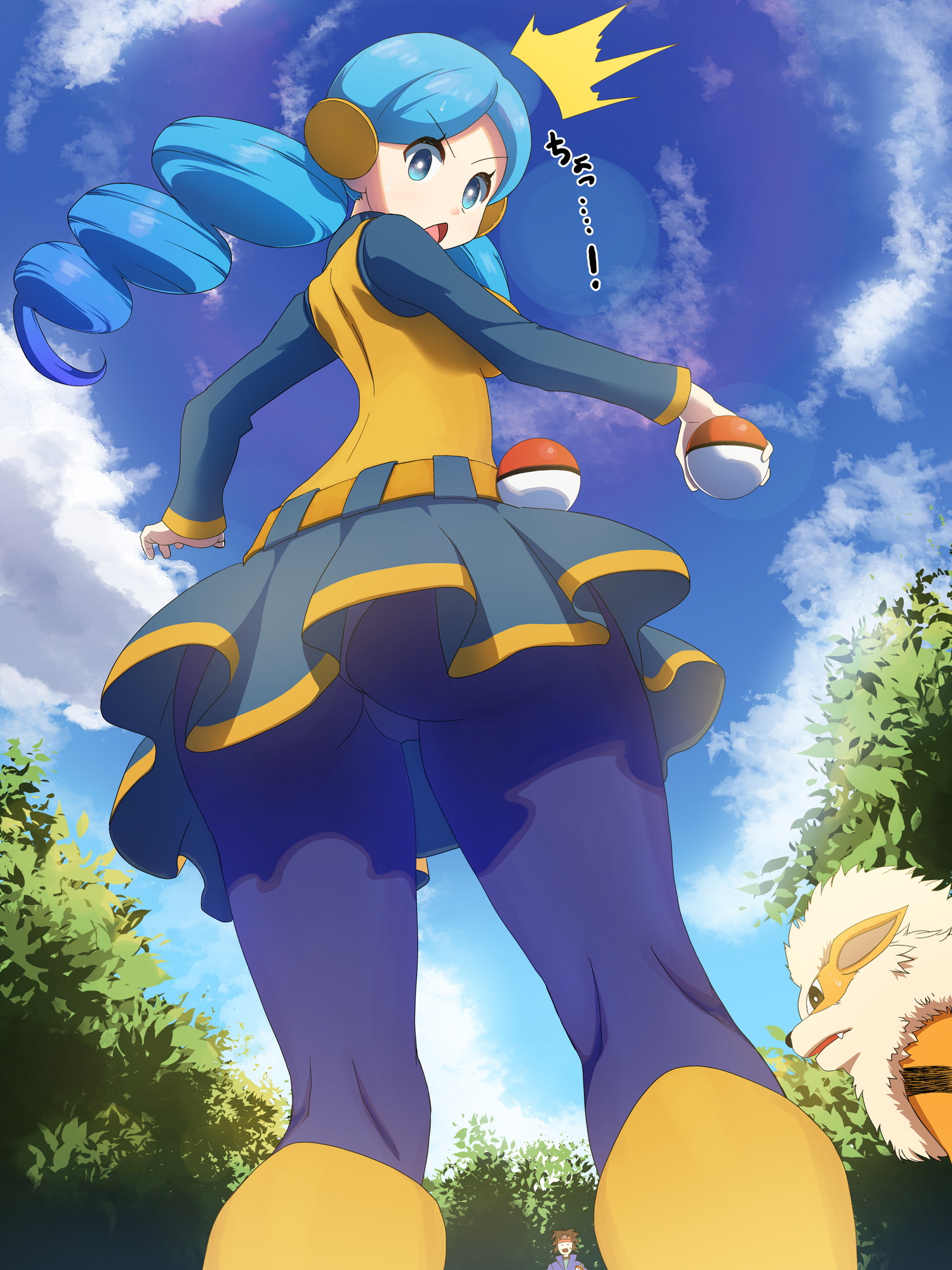 1girls, 2020, ace trainer (pokemon bw), ace trainer (pokemon), angry, ass, back, back view, backside, blue eyes, blue hair, blue sky, boots, caught, caught in the act, cowboy shot, day, drill hair, eyebrows visible through hair, female, female focus, from below, japanese text, leggings, lens flare, long blue hair, long ears, looking at viewer, looking back, miniskirt, nintendo, npc trainer, panties, panties under pantyhose, pantyhose, pantyshot, poke ball, pokemon, pokemon bw, pov, shocked, shocked expression, short skirt, skirt, sky, solo female, suggestive, surprised, thighs, tights, underwear, upskirt, yachi 76573
