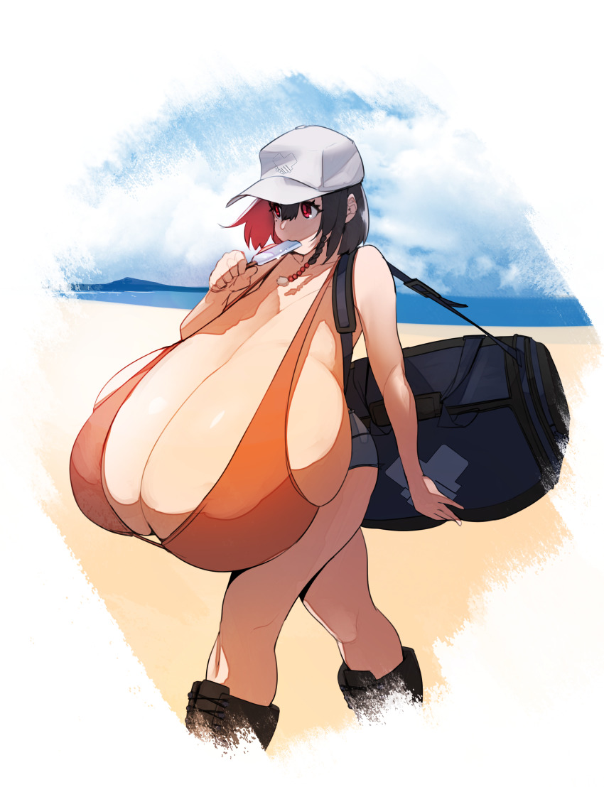 1girl 1girls absurdres bag beach braid breasts brown_hair cleavage duffel_bag enormous_breasts female food food_in_mouth gigantic_breasts highres holding holding_food hyper_breasts low_breasts narita_(naze) naze original popsicle sagging_breasts short_shorts shorts side_braid sideboob single_braid solo top_heavy walking