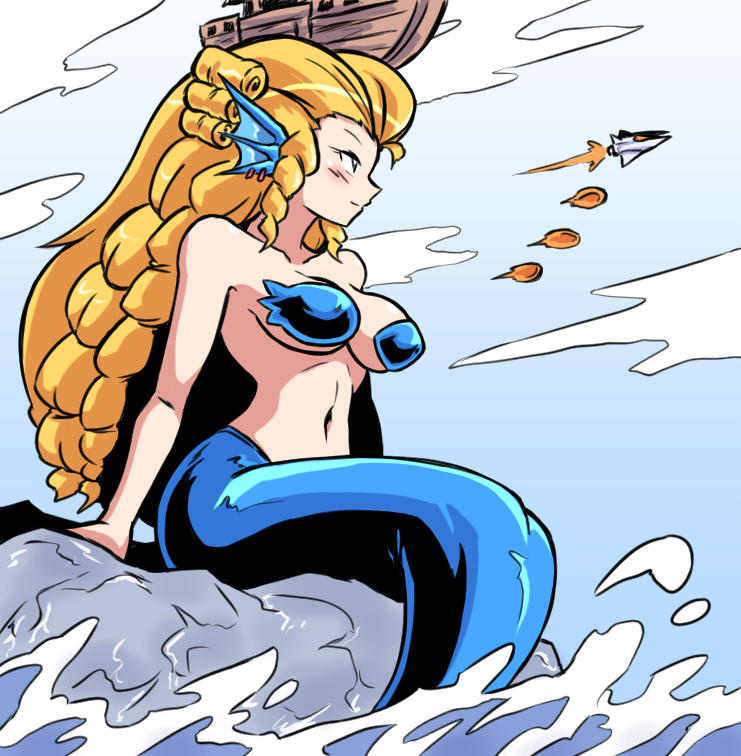 1girls blonde_hair eliza_(parodius) giantess mermaid mermaid_giantess parodius pasties paulgq sea solo solo_female tagme