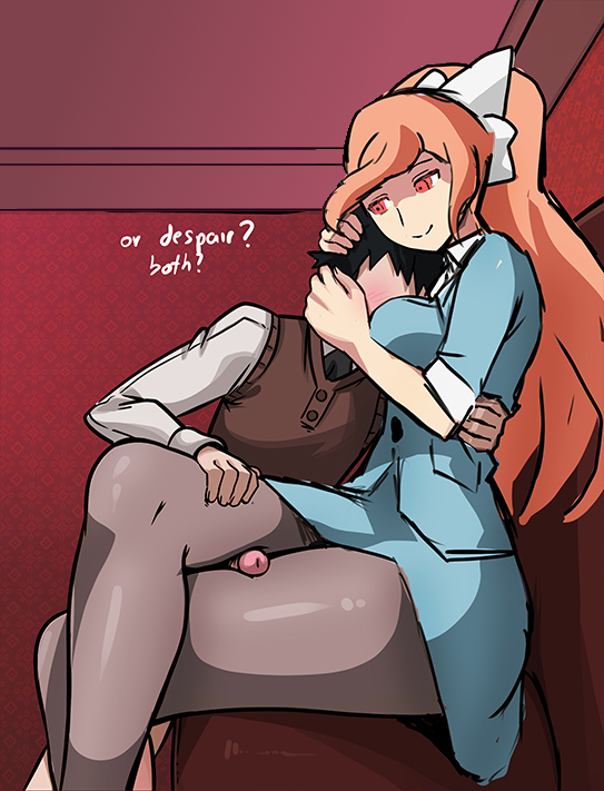 1boy 1boy1girl 1girls big_breasts breast_smother clothed clothed_sex concept concept_art danganronpa danganronpa_3 evil_grin evil_smile ginger_hair mosbles outercourse pantyhose penis red_eyes straight_hair sumata_cafe thick_thighs thigh_sex tights yukizome_chisa