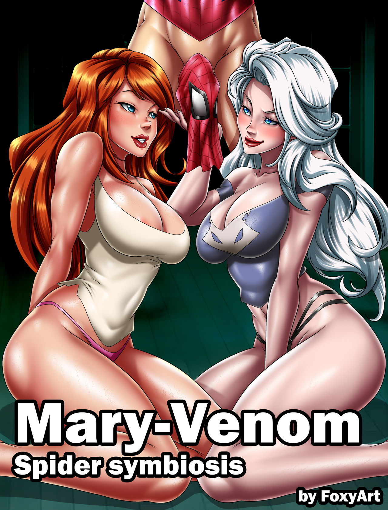 1boy, 2girls, ass, big ass, big breasts, black cat (marvel), breasts, busty, cleavage, costume, domino mask, erection under clothes, felicia hardy, female, foxyart, hero, heroine, hips, huge breasts, large breasts, long hair, makeup, male, marvel, marvel comics, mary jane watson, mature, mature female, mature male, multiple females, multiple girls, outfit, peter parker, red hair, red lips, red lipstick, spider-man, spider-man (series), straight, straight hair, superhero, superheroine, voluptuous, waist, watermark, white hair, wide hips