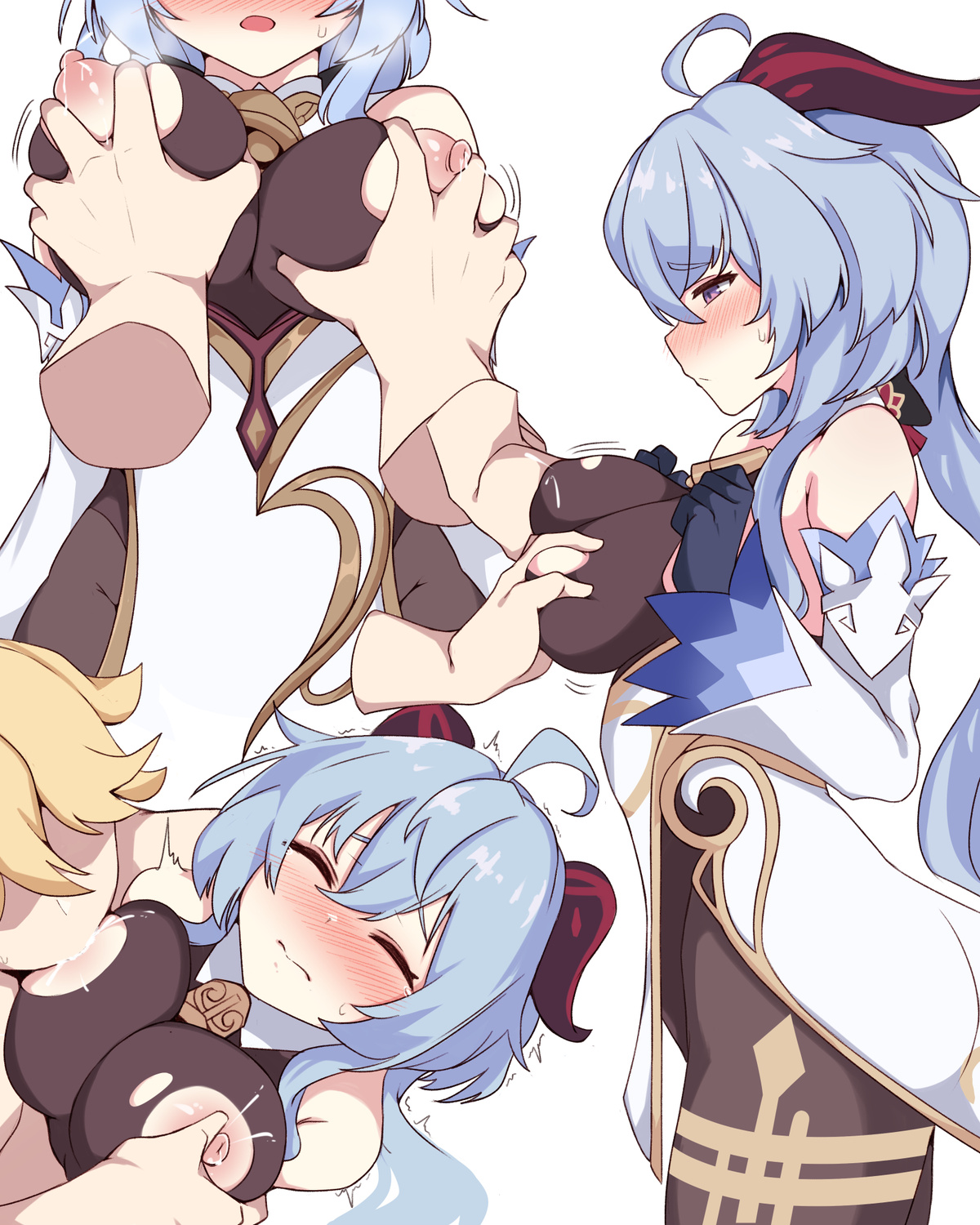 1boy, 1girls, aether (genshin impact), breasts, female, female focus, ganyu (genshin impact), genshin impact, grabbing breasts, horns, kumasteam, light blue hair, male, medium breasts, no bra, torn bodysuit, torn clothes
