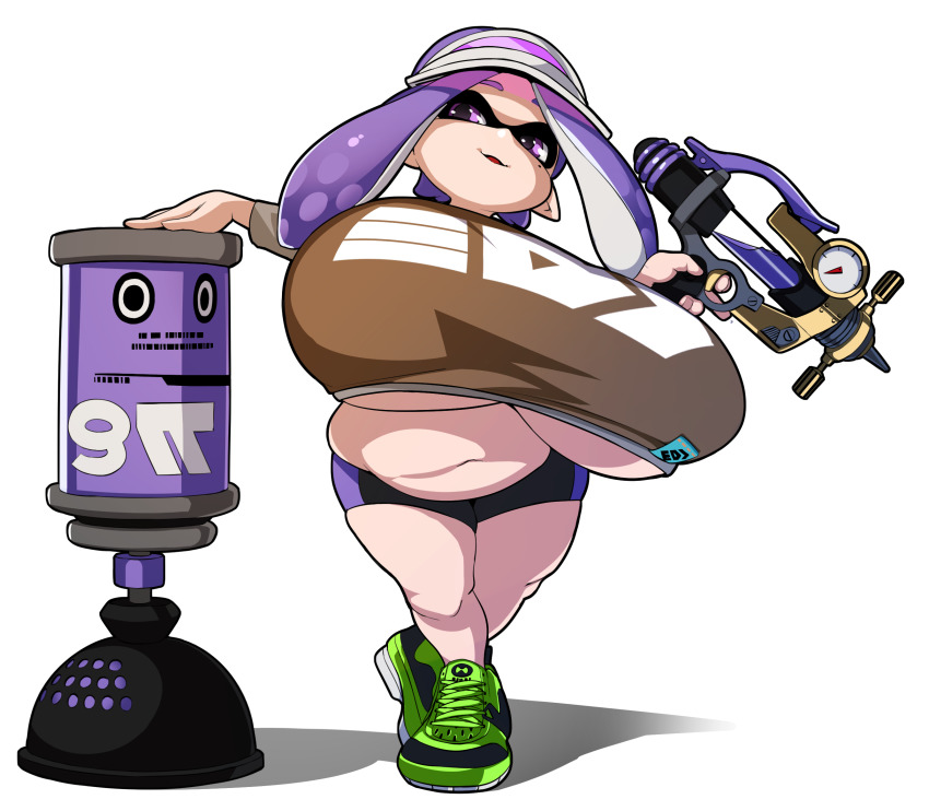 animal_humanoid anthro belly bike_shorts booty_shorts breasts cephalopod cephalopod_humanoid chubby female gigantic_breasts highres humanoid inkling inkling_girl mask_(marking) naze nintendo plump pointy_ears purple_eyes purple_hair shirt shoes shortstack simple_background small_but_busty sneakers solo splatoon squid standing tentacle tentacle_hair thick_thighs underboob visor_cap white_background