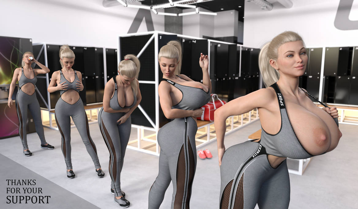 1girls, 3d, areola, areolae, ass, ass expansion, bimbo, breast expansion, breast growth, breast growth (enlargement), breasts, bursting breasts, cleavage, clothing, dawnlab, daz3d, deviantart, expansion, female, fetish, growth, gym, horny, huge breasts, human, inflation, iray, large breasts, light skin, light-skinned female, long hair, medium breasts, nipples, no bra, original, original character, platinum blonde hair, ponytail, sequence, shoes, silver hair, text, topless, transformation, voluptuous