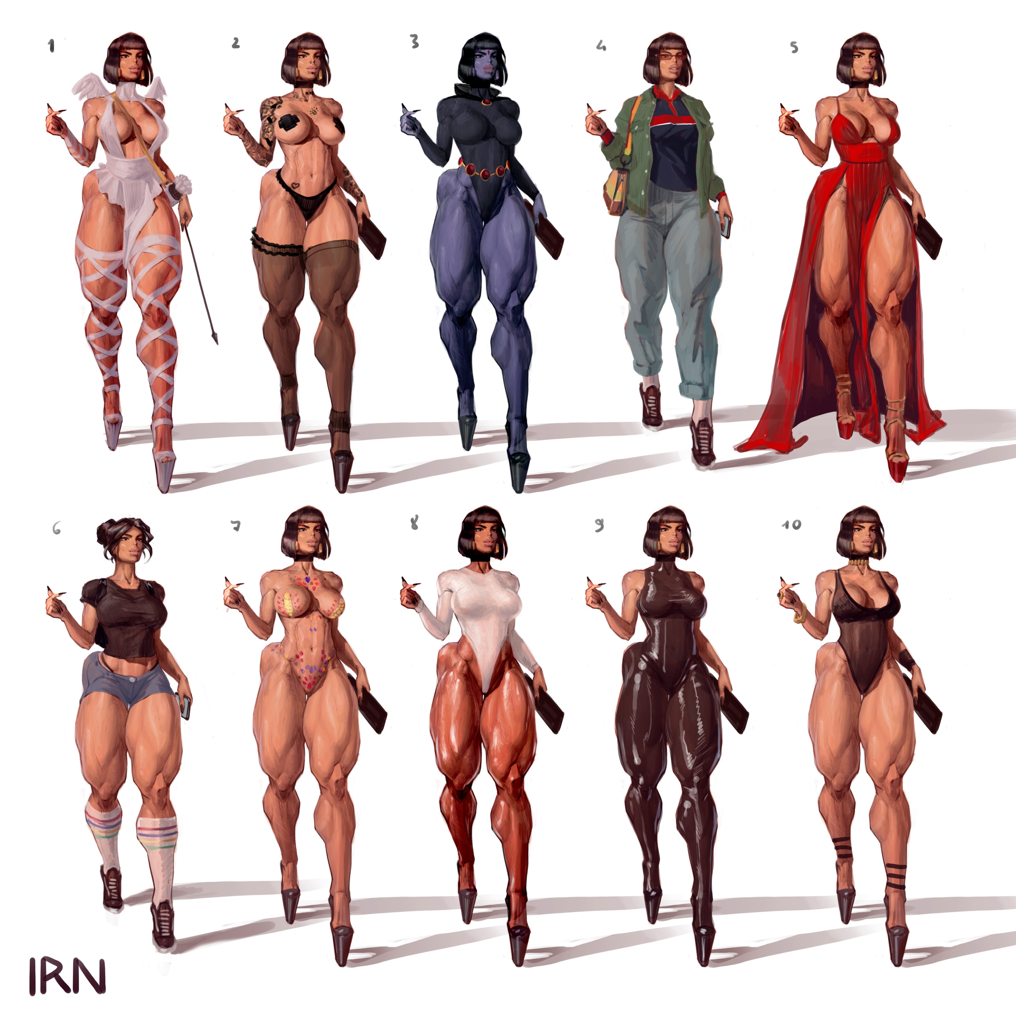 big breasts, breasts, character sheet, dc, dc comics, female, heels, iranon, lingerie, model sheet, muscular, muscular female, naked with shoes on, raven (cosplay), thick, thick thighs, thighhighs