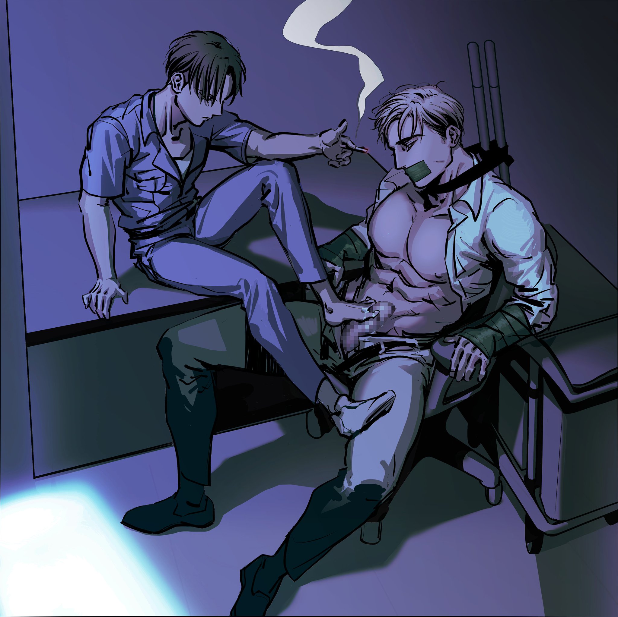 2boys, attack on titan, bare chest, barefoot, bondage, censored, censored penis, cigarette, closed eyes, clothing, domination, erwin smith, feet, footjob, gag, gagged, gay, human, human only, humiliation, levi, levi ackerman, male, male on male, male only, male/male, open shirt, penis, shingeki no kyojin, sitting, sitting on chair, small dom big sub, smoking, tape, tape bondage, tape gag, taped arms, taped mouth, taped to chair, tied, tied to chair, unbuttoned, unbuttoned pants, yaoi