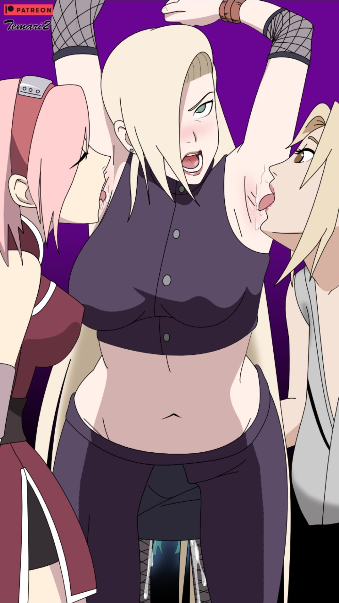 3girls, armpit, armpit fetish, armpit licking, armpits, arms behind back, double armpit licking, dripping pussy, female, female only, fetish, ino yamanaka, licking, naruto, naruto (series), naruto: the last, purple clothing, pussy, sakura haruno, saliva, sleeveless, sweat, sweatdrop, temari2, threesome, tsunade, yuri