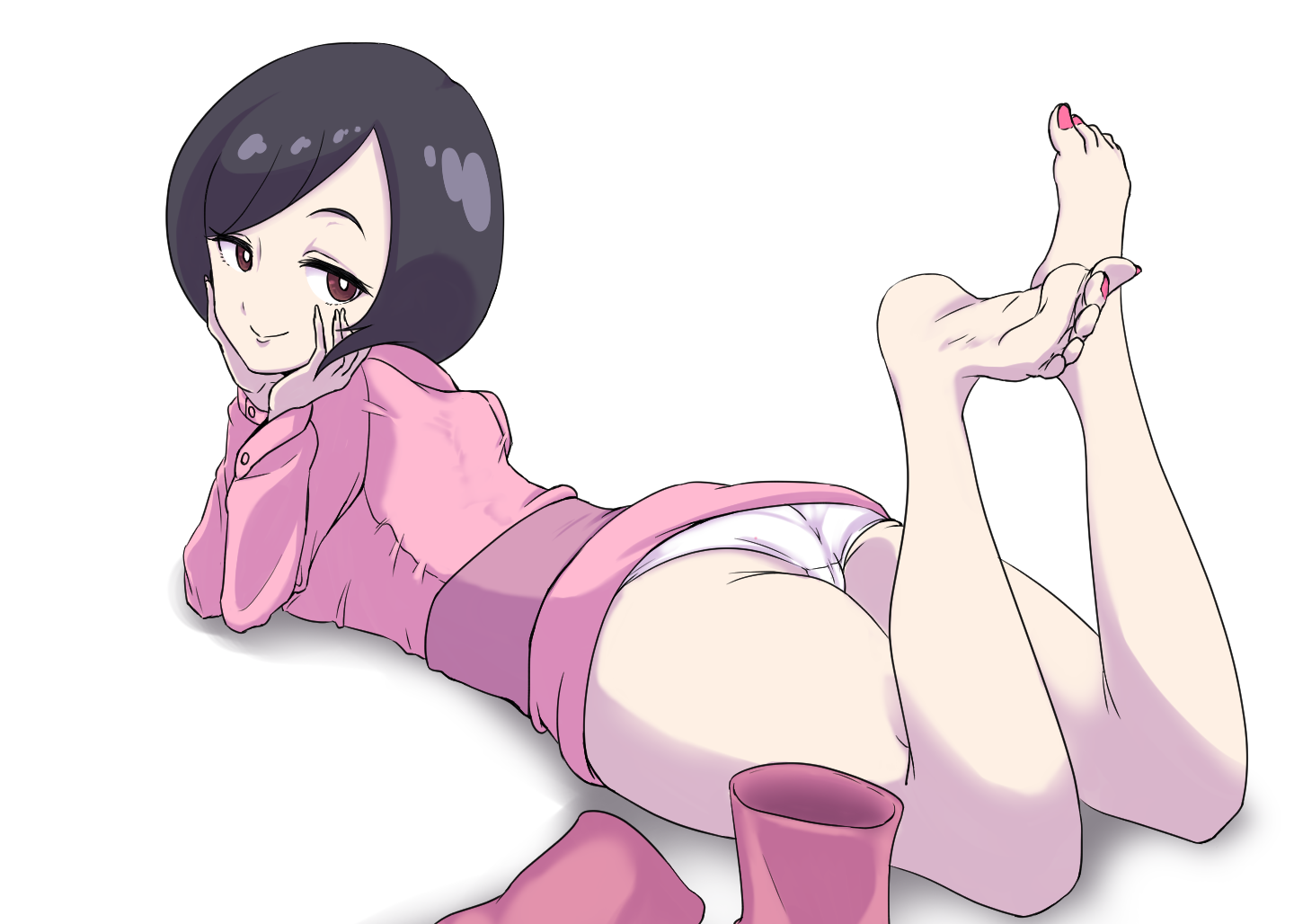 1girls, 2010s, barefoot, bedroom eyes, black hair, breasts, brown eyes, feet, female, female focus, female only, hands on face, hands on own face, laying on stomach, lying on stomach, nintendo, npc trainer, on stomach, painted nails, panties, parasol lady (pokemon bw), parasol lady (pokemon), pink nail polish, pink nails, pokemon, pokemon bw, shoes removed, short black hair, short hair, solo, solo female, the pose, toenail polish, toenails, underwear, upskirt, white panties