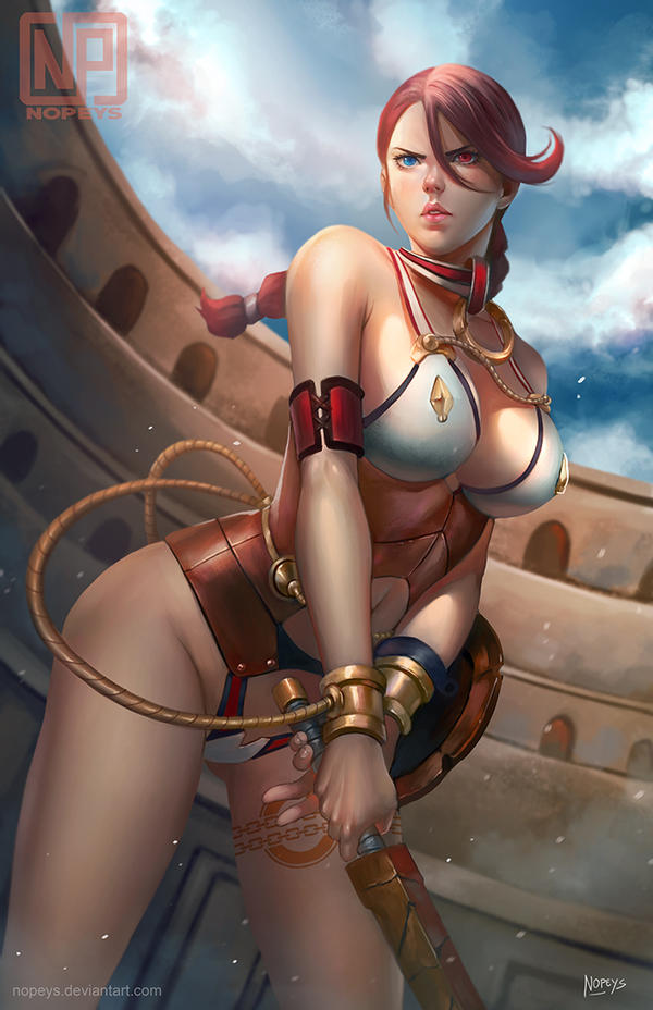 1girls arena bikini_armor blue_eyes braided_hair branwen brown_hair female female_only gladiatrix heterochromia large_breasts long_hair nopeys queen's_blade red_eyes revealing_clothes shield slave solo sword unconvincing_armor