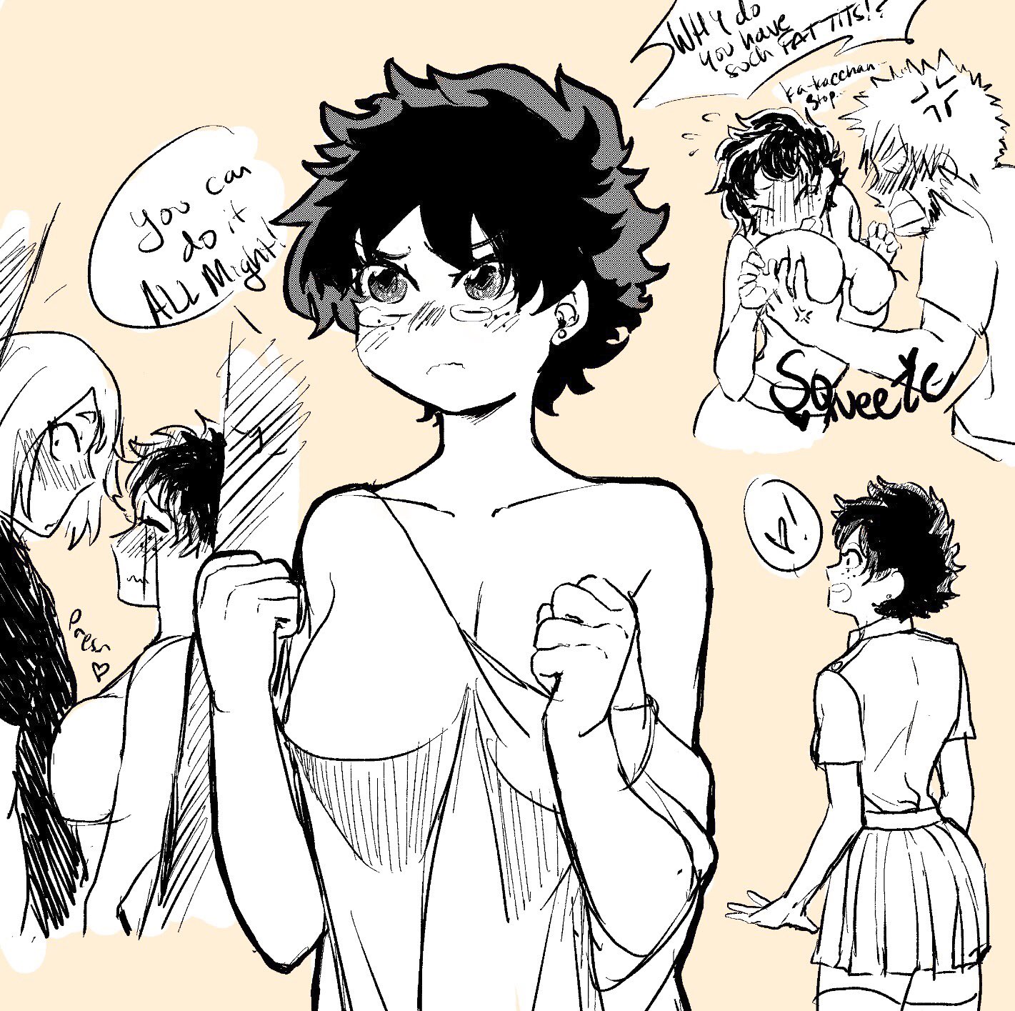 1girls, adult swim, big breasts, breast grab, breast press, breast squeeze, breasts, english text, female, female deku, female focus, genderswap, genderswap (ftm), genderswap (mtf), izuku midoriya, katsuki bakugou, large breasts, male, male/female, my hero academia, ochako uraraka, rule 63, school uniform, schoolgirl, short hair, toonami