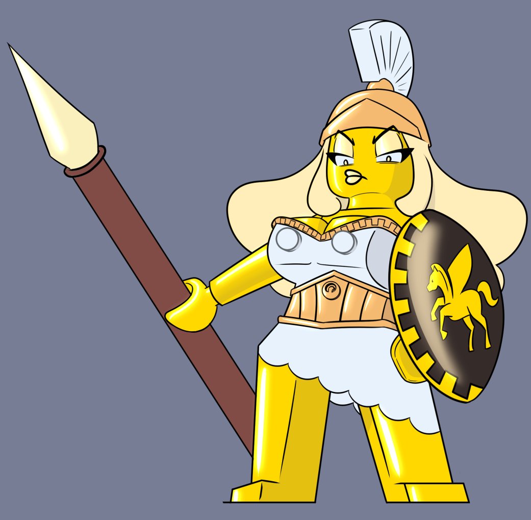 1girls battle_goddess blonde_hair erect_nipples female female_only greek_mythology humanoid large_nipples lego lego_anatomy lego_minifigures lips minifigures_series_12 nipple_bulge pout skirt spear toonvasion weapon yellow_skin