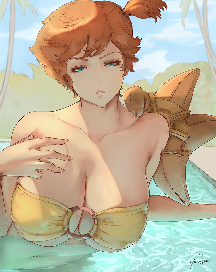 1girls, alternate breast size, araneesama, big breasts, breasts, cutesexyrobutts (style), female, green eyes, huge breasts, kasumi (pokemon), large breasts, nintendo, orange hair, orange-haired female, pokemon, pokemon rgby, red hair, redhead, staryu, swimming pool, water