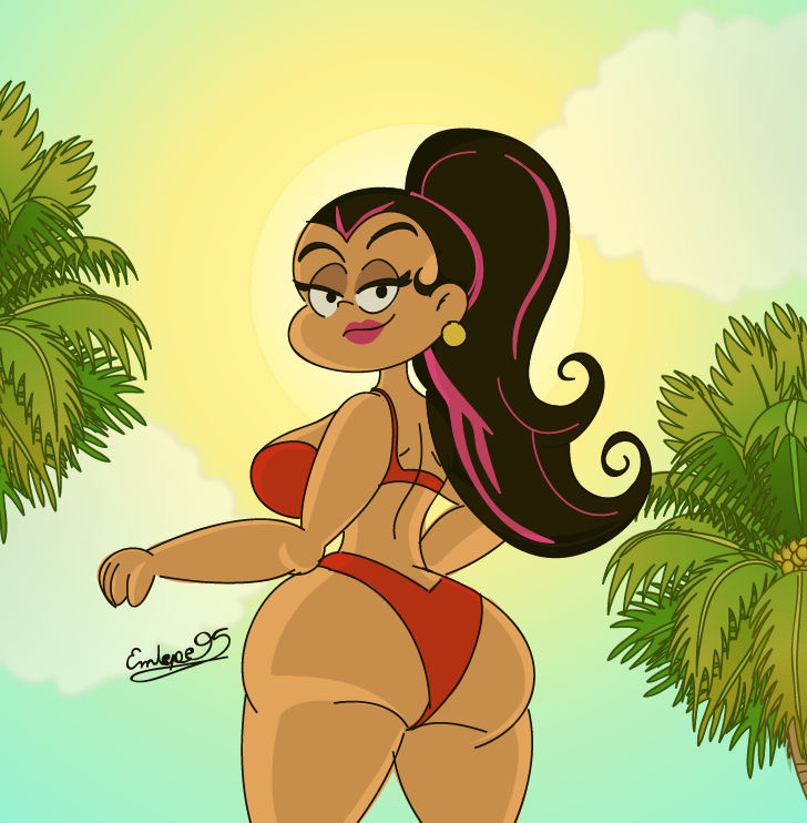 1girls big_ass big_butt bubble bubble_butt carlota_casagrande curvaceous curvy dark-skinned_female emlepe95 fat_ass female highlights hourglass hourglass_figure looking_at_viewer looking_back palm_leaf palm_tree palm_trees plump_ass red_bracelet red_panties red_swimsuit red_swimwear side_view sideboob smirk smirking the_casagrandes the_loud_house thick_lips thick_thighs tropical voluptuous