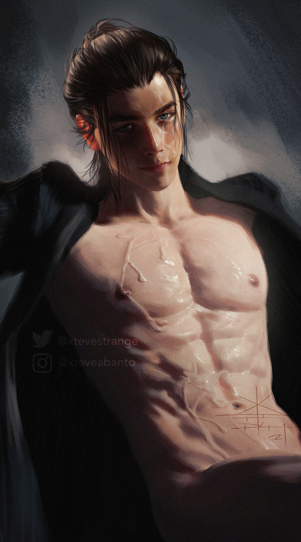 1boy abs attack_on_titan bare_chest bodily_fluids brown_hair eren_jaeger human human_only male male_focus male_only open_shirt pale-skinned_male pale_skin shingeki_no_kyojin solo_male spilled_drink spilled_milk watermark xtevestrange