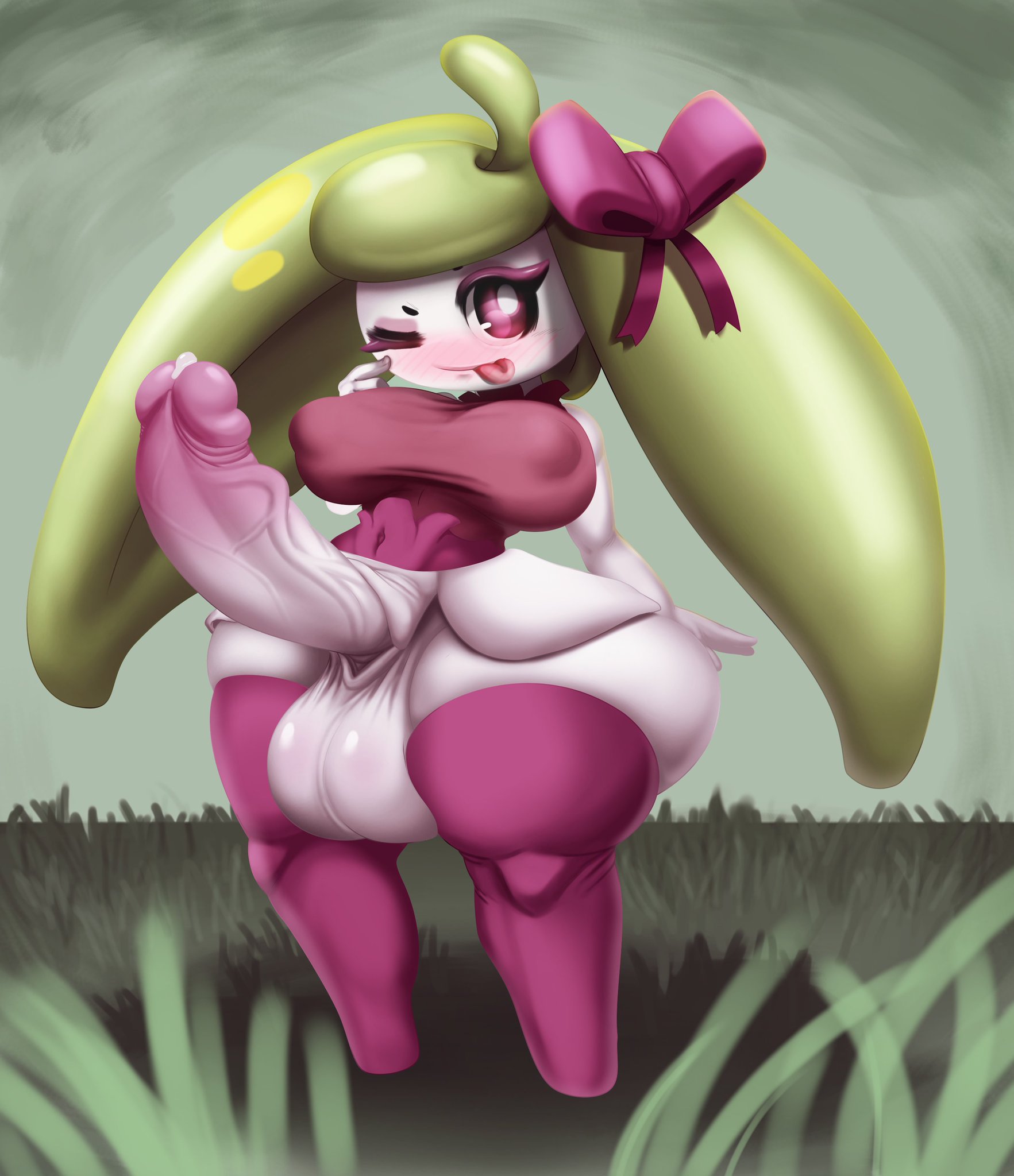 1futa, 1girls, ass, balls, big ass, big balls, big breasts, big penis, breasts, cum, dickgirl, dwn000, female, flora fauna, futa only, futanari, huge ass, huge balls, huge breasts, huge cock, humanoid penis, intersex, nipple bulge, one eye closed, penis, pokemon, pokemon sm, shortstack, small but hung, solo, standing, steenee, teapot (body type), thick thighs, tight clothing, tongue, tongue out, wide hips