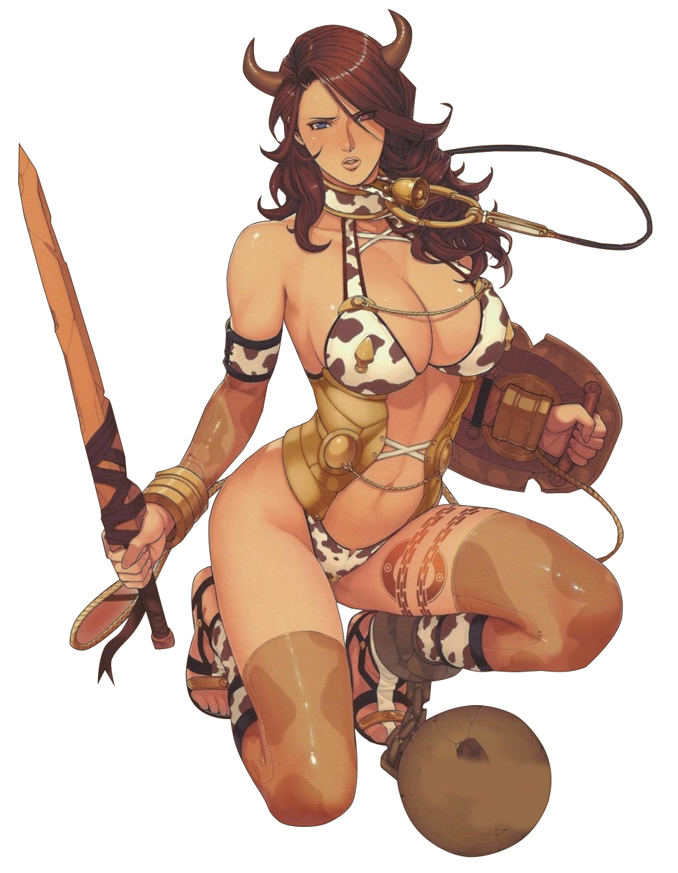 1girls bell_collar blue_eyes branwen brown_hair cleavage collar cow_girl cow_horns cow_print cowgirl female female_only femsub heterochromia hucow large_breasts leggings long_hair oda_non queen's_blade red_eyes revealing_clothes sandals shield slave slave_collar submissive_female sword voluptuous