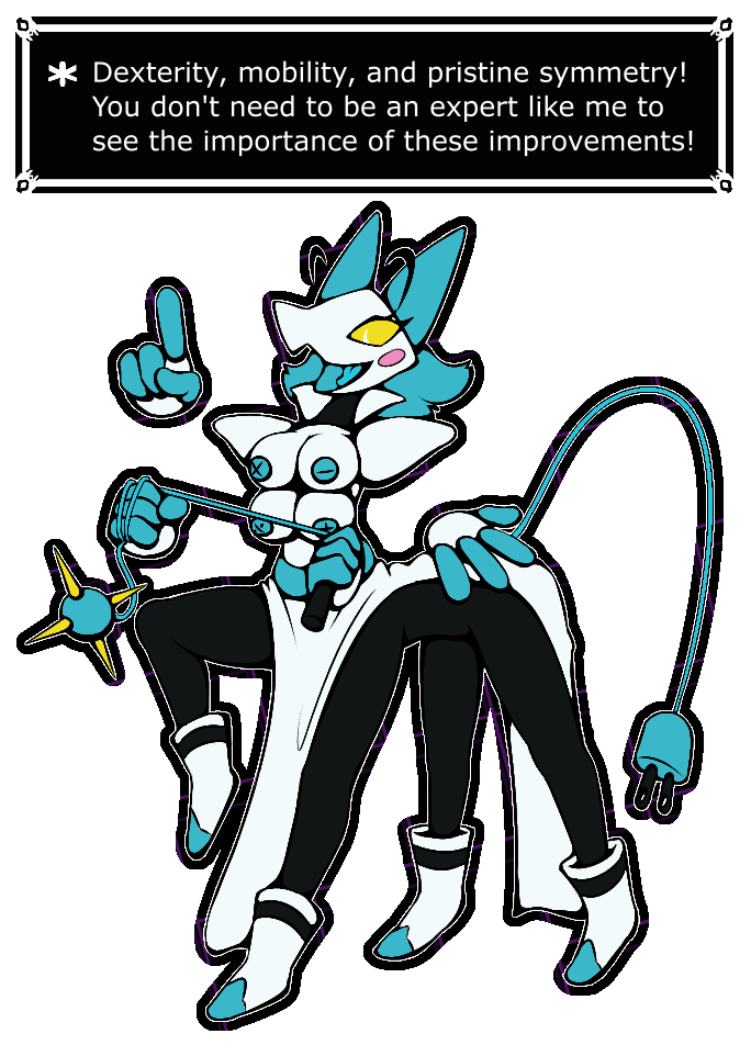 4_arms 4_breasts 4_legs blue_hair blush breasts clothed clothing darkner deltarune digital_media_(artwork) english_text felid feline female floating_hands genitals hair looking_at_viewer machine mammal multi_arm multi_breast multi_limb open_mouth robot scarv solo tail tasque_manager_(deltarune) taur text topless undertale_(series) yellow_eyes