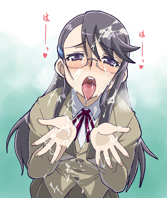 bukkake clothing cum cum_on_hair face female glasses haganemaru_kennosuke heartcatch_precure! heartcatch_pretty_cure! long_hair open_mouth precure pretty_cure saliva school_uniform tongue translated tsukikage_yuri uneven_eyes very_long_hair