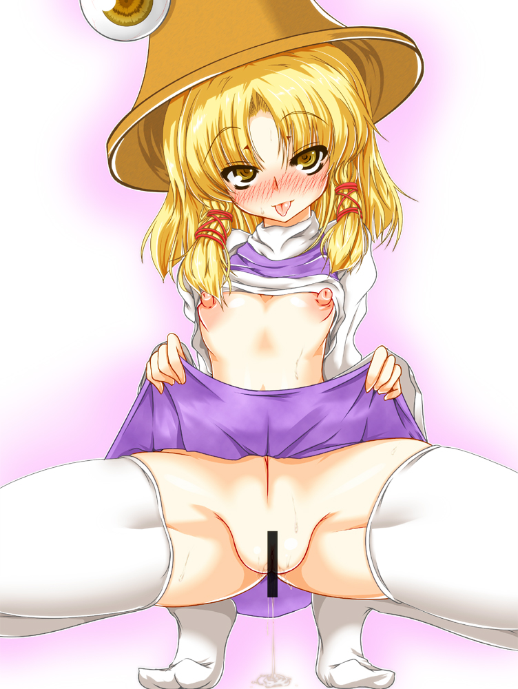 blush censored erect_nipples eyes hat naughty_face nipples pussy pussy_juice pyonta shirt_lift short_hair shoushinmono spread_legs squatting suwako_moriya thighhighs tongue touhou