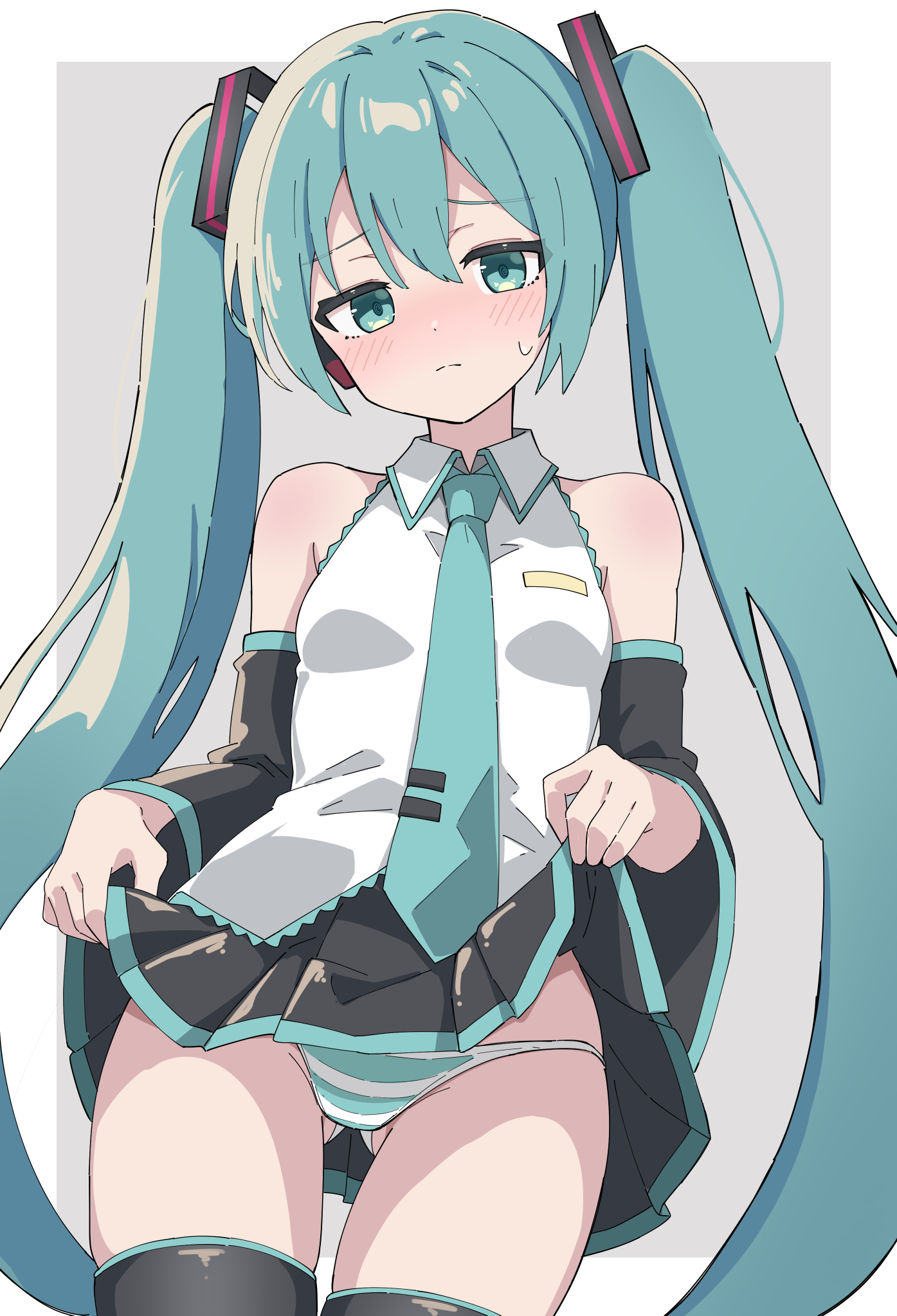 1girl, 1girls, aqua eyes, aqua hair, ass visible through thighs, bare shoulders, black skirt, black thighhighs, blue eyes, blue hair, blush, clothed, clothes lift, cowboy shot, detached sleeves, dj maud0210, female, female only, grey background, hair ornament, hatsune miku, idol, lifted by self, light skin, light-skinned female, long hair, looking at viewer, maud0239, mostly clothed, necktie, panties, pantyshot, petite, petite body, petite female, pleated skirt, shirt, simple background, skirt, skirt lift, sleeveless, sleeveless shirt, solo, striped, striped panties, sweat, sweatdrop, sweating, tagme, tagme (artist), thighhighs, thighs, tie, turquoise eyes, turquoise hair, twintails, underwear, very long hair, vocaloid