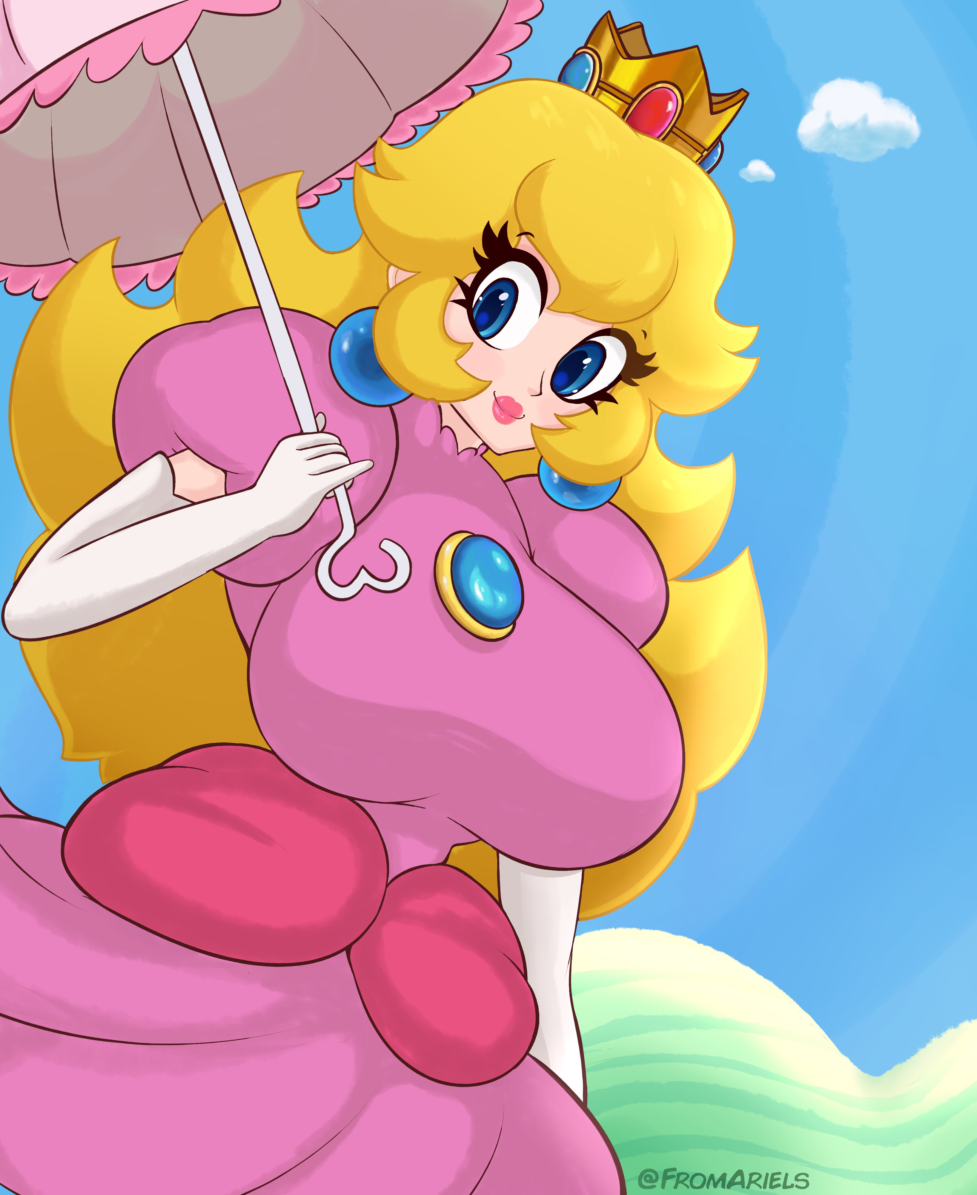 1girls, 2024, 2d, 2d (artwork), big breasts, big lips, blonde hair, blue eyes, breasts, color, crown, dress, earrings, female, fromariels, grass, huge breasts, lips, long hair, looking at viewer, looking pleasured, make up, makeup, mario (series), nintendo, pink dress, pink lips, pink lipstick, princess peach, smile, smiling, smiling at viewer, solo, solo female, umbrella, white skin, yellow hair