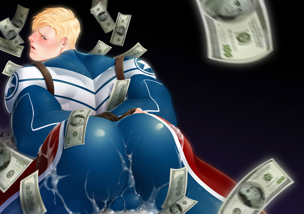 1boy arms_behind_back ass ass_focus banknote bara blonde_hair blue_bodysuit blush bodysuit bound bound_wrists bulge captain_america captain_america_(series) cum cum_on_ass cum_on_clothes dollar_bill falling_money gay looking_back male_focus marvel money multicolored_bodysuit multicolored_clothes muscular muscular_male mxsxe open_mouth red_bodysuit short_hair solo steve_rogers white_bodysuit yaoi