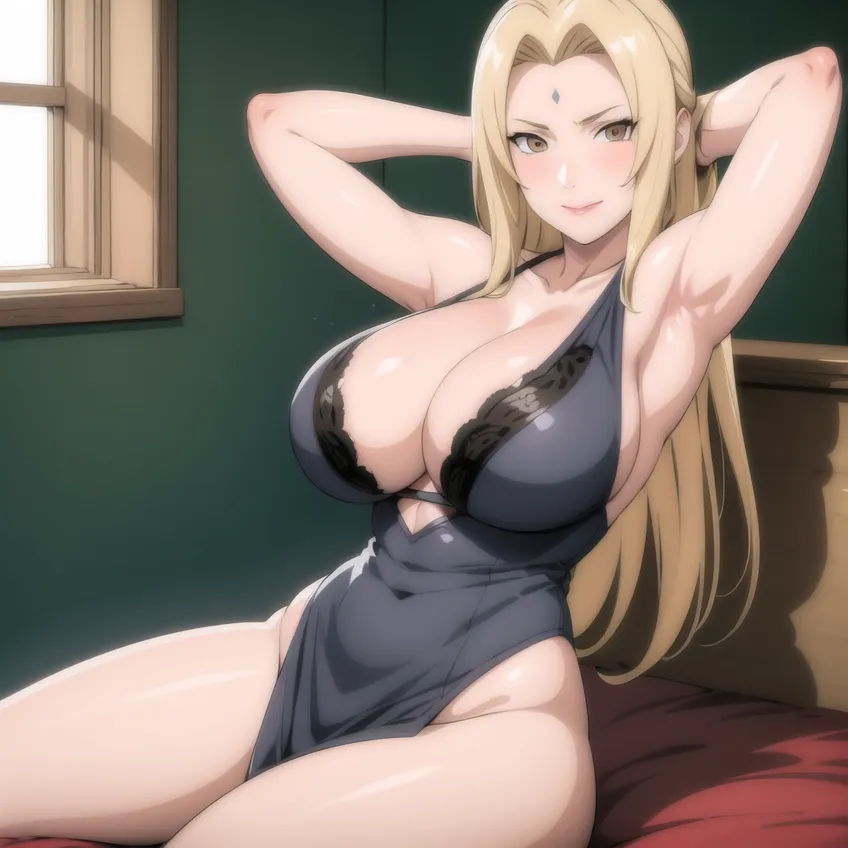 1girls, ai generated, alternate hairstyle, arms behind head, arms up, bare chest, bare legs, bare shoulders, bare thighs, barely clothed, bed, bedroom, big breasts, blonde hair, breasts, breasts bigger than head, brown eyes, dress, female, female only, hair down, huge breasts, indoors, large breasts, light skin, light-skinned female, lingerie, lipstick, loose hair, makeup, mature, mature female, mommy, mostly nude, nai diffusion, naruto, naruto (series), naruto shippuden, on bed, sagging breasts, sitting, sitting on bed, skimpy, skimpy clothes, smile, solo, solo focus, stable diffusion, thick thighs, thighs, top heavy, top heavy breasts, tsunade, uncle q, window