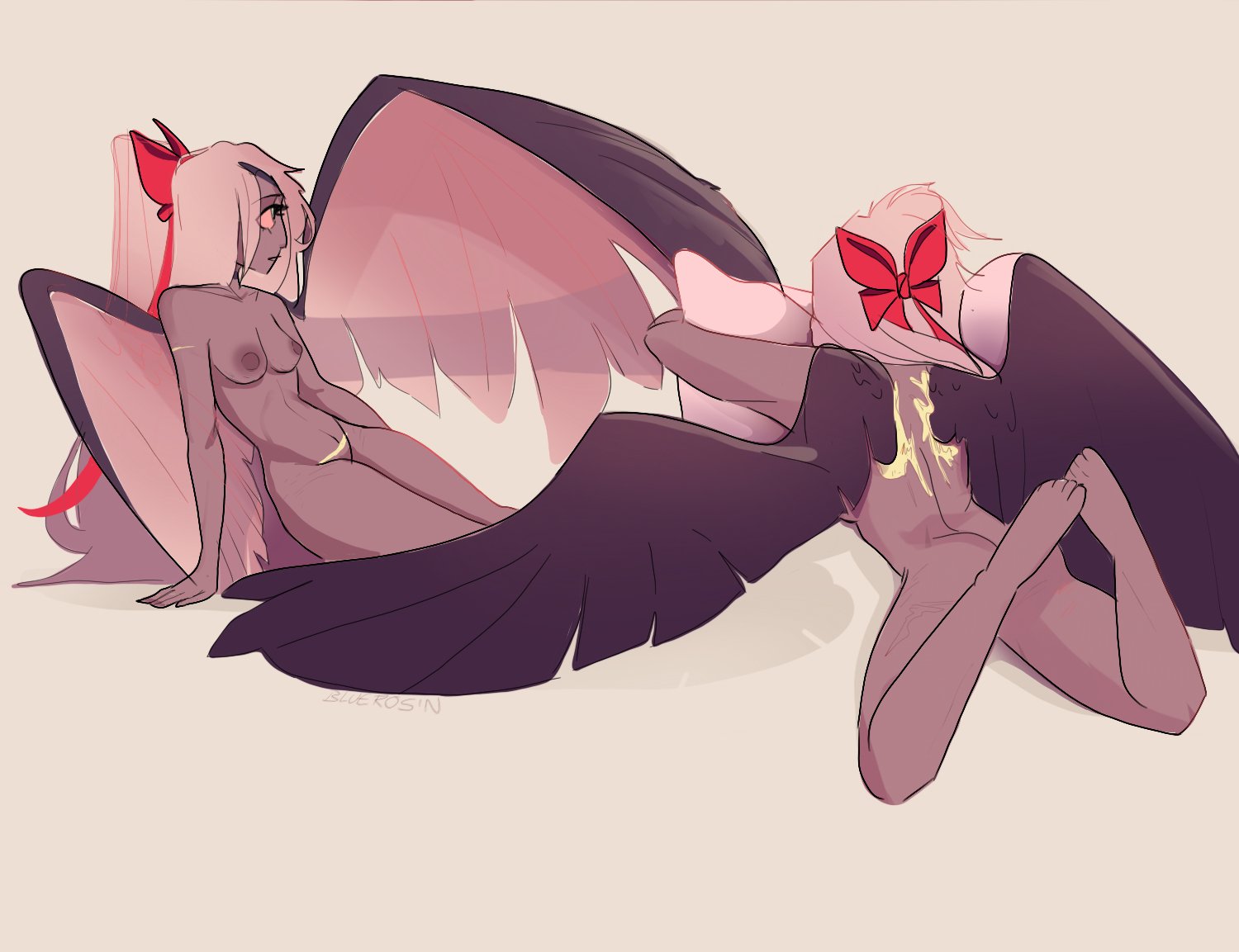1girls, angel, ass, big ass, blood, bluerosin, breasts, choker, dialogue, female, female focus, female only, hazbin hotel, long hair, nude, rosin blue, thick thighs, vaggie (hazbin hotel), white hair, wings