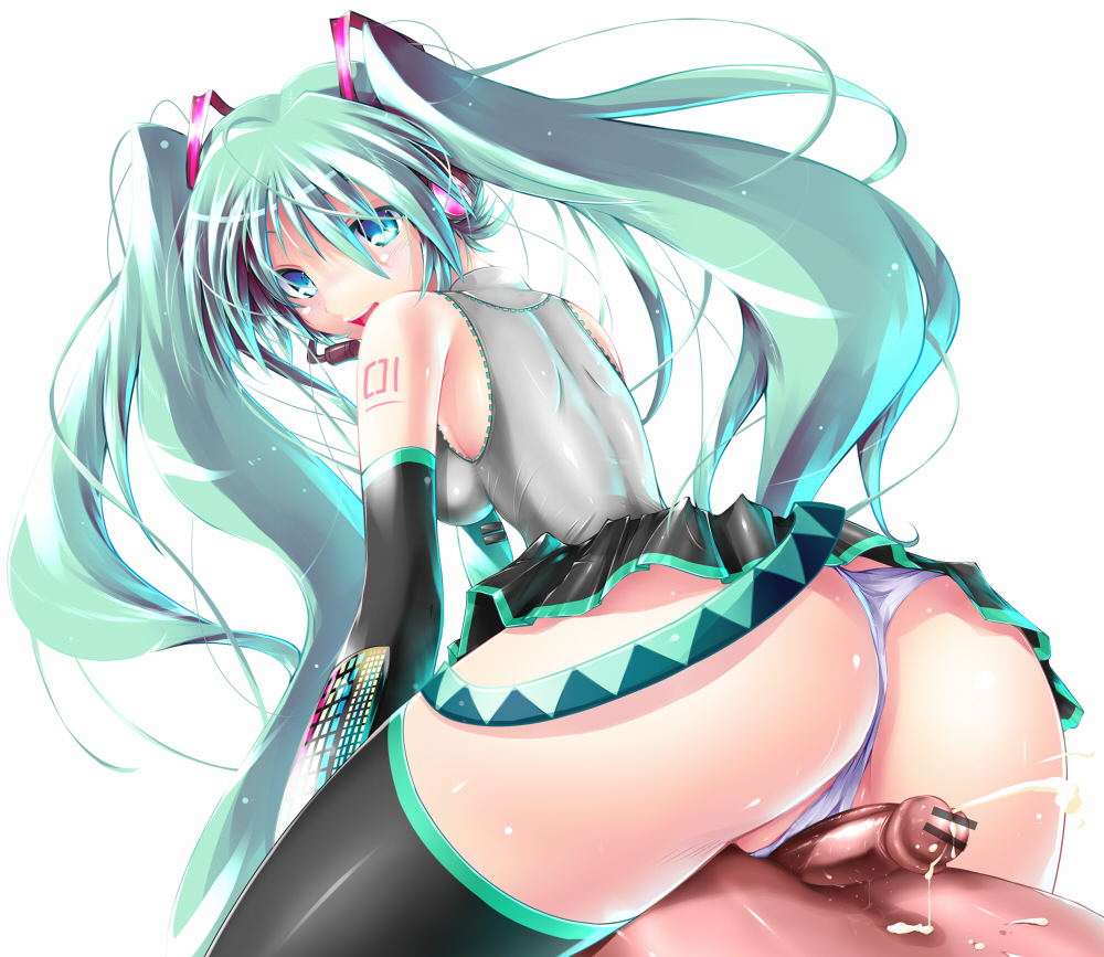 1girls after_sex aqua_eyes ass breasts censored cum detached_sleeves ejaculation from_behind green_hair grinding hatsune_miku headset legs long_hair looking_back necktie outercourse panties penis pointless_censoring scatter_milk simple_background skirt thick_thighs thighhighs thighs thong tied_hair tribadism_on_penis twintails underwear very_long_hair vocaloid white_panties zettai_ryouiki