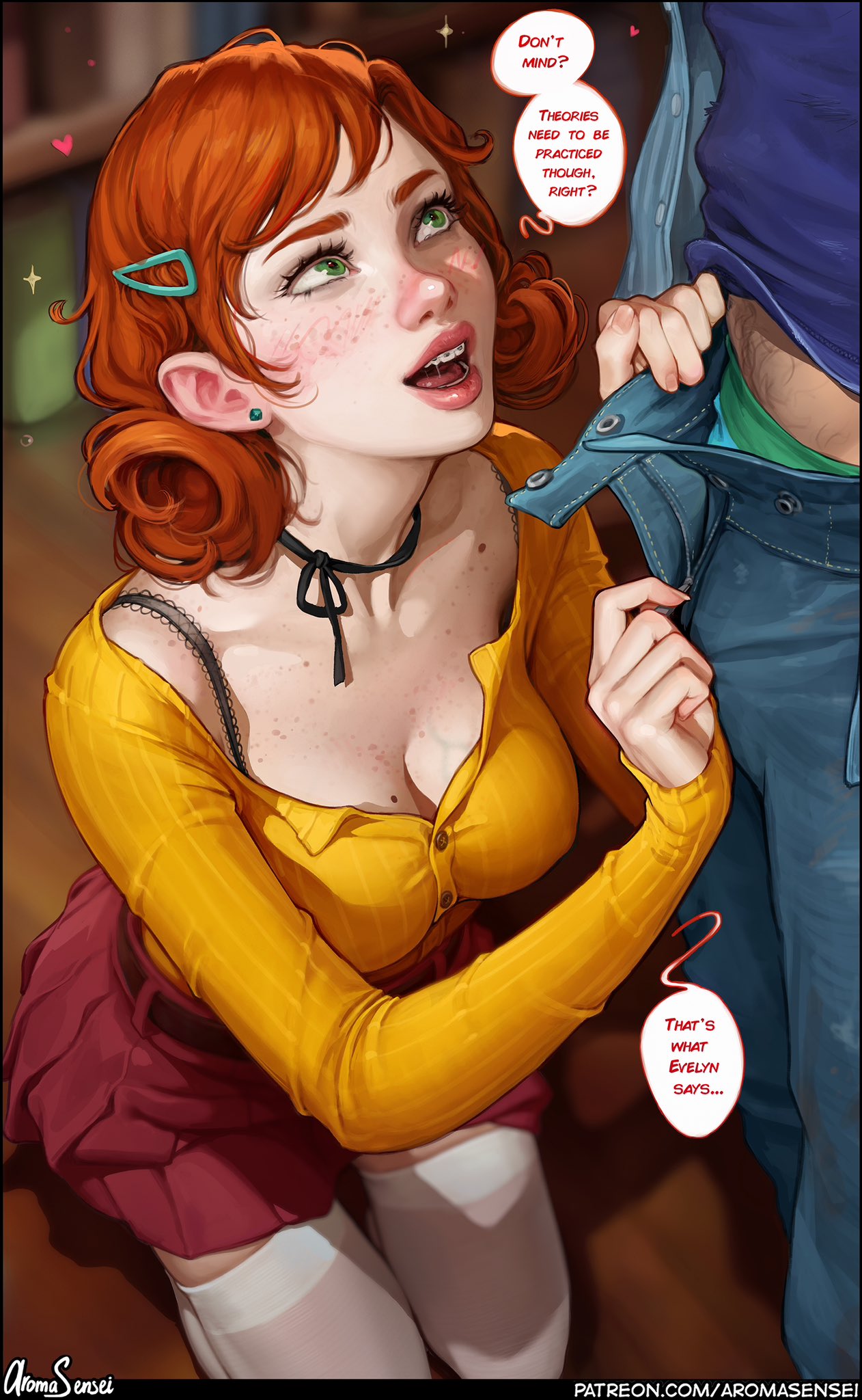 1boy, 1girls, aroma sensei, belt, big breasts, blush, braces, breasts, cleavage, clothed, dialogue, drooling, earring, female, freckles, green eyes, heart, imminent sex, lipstick, male, open mouth, penny (stardew valley), red hair, skirt, sneakers, socks, speech bubble, stardew valley, suggestive, text, thick thighs, thigh socks, thighhighs, white socks