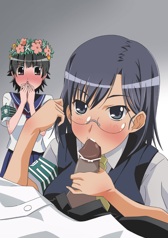 2girls adjusting_hair black_eyes black_hair blush brown_eyes censored dark-skinned_male dark_penis dark_skin fellatio female flower glasses hair_flower hair_ornament holding_hair holding_own_hair interracial konori_mii male multiple_girls necktie oral paopa_ship penis pointless_censoring pov school_uniform serafuku short_hair straight teenage_girl teenager to_aru_kagaku_no_railgun to_aru_majutsu_no_index uiharu_kazari watching