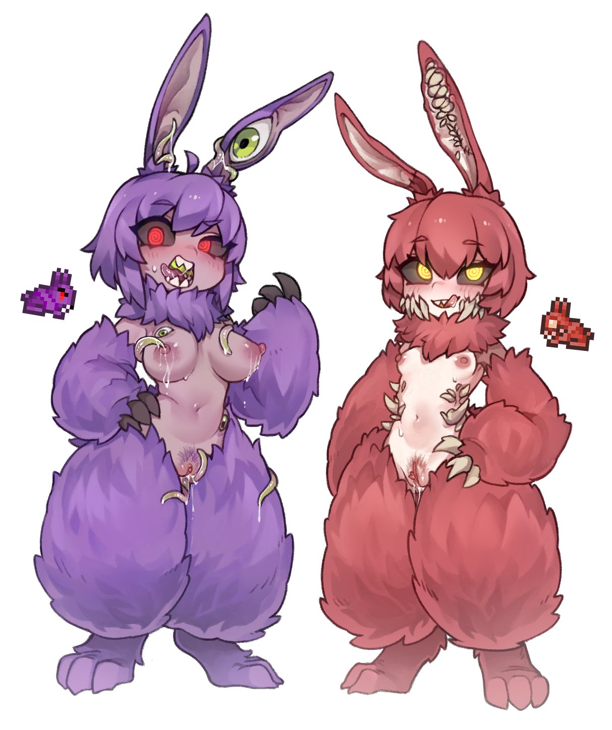 2girls anthro anthro_only black_sclera blush body_horror breasts bunny bunny_(terraria) bunny_ears bunny_girl crazy crazy_eyes exposed_breasts exposed_pussy female female_focus female_only fluffy fur multiple_girls nipples nyong_nyong open_mouth petite purple_fur pxym rabbit rabbit_girl rabbit_humanoid red_eyes red_fur sharp_teeth small_breasts tentacle terraria unshaved_pussy white_background yellow_eyes