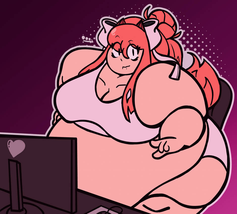 bbw, big belly, breasts, caught off guard, computer, doki doki literature club, embarrassed, fat, fat belly, fat female, female, ill fitting clothing, lifelinelemons, massive breasts, monika (doki doki literature club), obese, obese female, overweight, squishypsycho, tight clothing, tight fit, underwear, weight gain