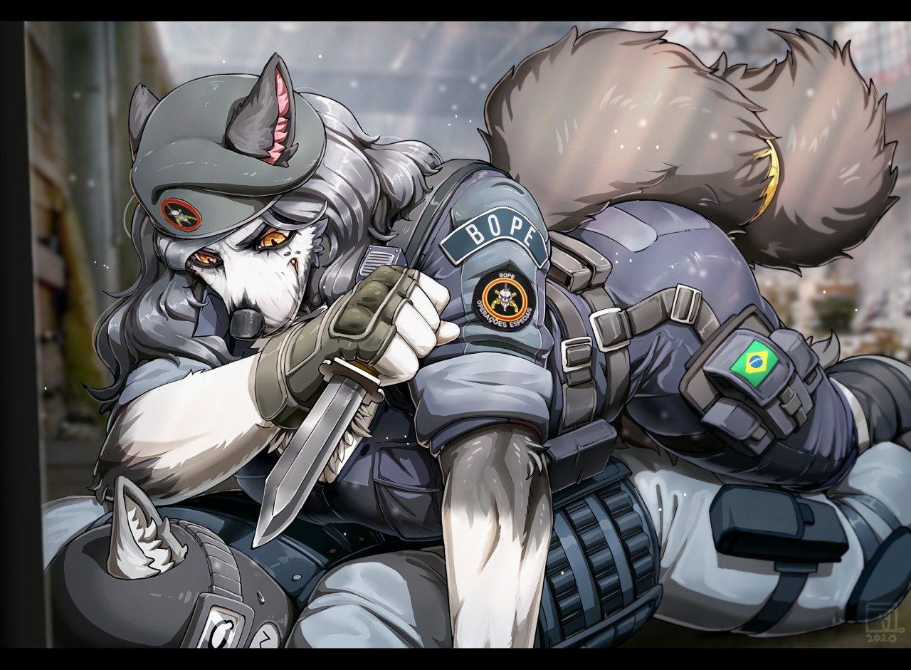 1boy, 1girls, 2024, 2d, 2d (artwork), 2d artwork, anthro, big breasts, brazilian, brazilian female, breasts, caveira (rainbow six), female, female domination, female on top, femdom, furry, interrogation, janjin192, kambo, knife, male, rainbow six, rainbow six siege, sfw, tail, thick thighs, ubisoft, wide hips, yellow eyes