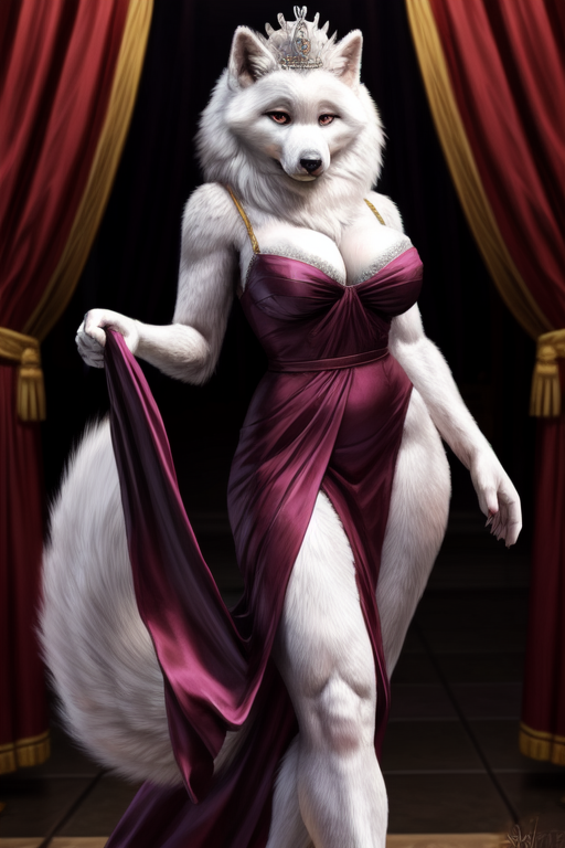 ai_generated animal_ears body_fur breasts canopy_bed cleavage curtain_grab curtains dated dress female furry furry_female indoors large_breasts looking_at_viewer queen samoyed signature skirt_hold snout solo stable_diffusion sylvanal white_fur white_hair window