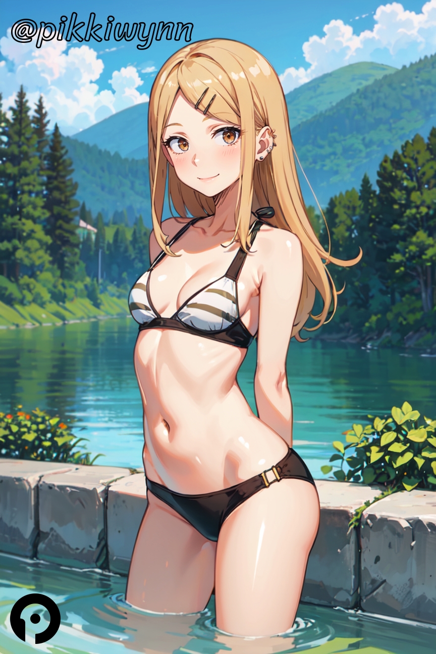 ai_generated arms_behind_back bangs bare_shoulders bikini black_bikini blonde_hair blue_sky blush breasts brown_eyes cleavage closed_mouth cloud collarbone dagashi_kashi day ear_piercing earrings endou_saya_(dagashi_kashi) female hair_ornament hairclip jewelry long_hair looking_at_viewer navel outdoors piercing pikkiwynn sky small_breasts smile solo standing stomach swimsuit tagme tree wading water