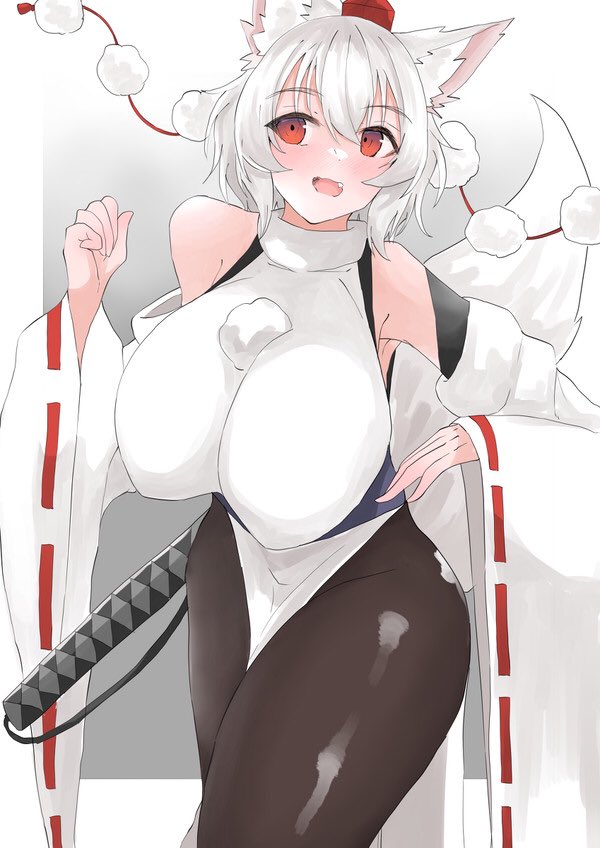 1girls breasts breasts_bigger_than_head huge_breasts massive_breasts momiji_inubashiri open_mouth red_eyes short_hair sword tail tengu thick_thighs touhou weapon wolf wolf_ears wolf_girl wolf_tail