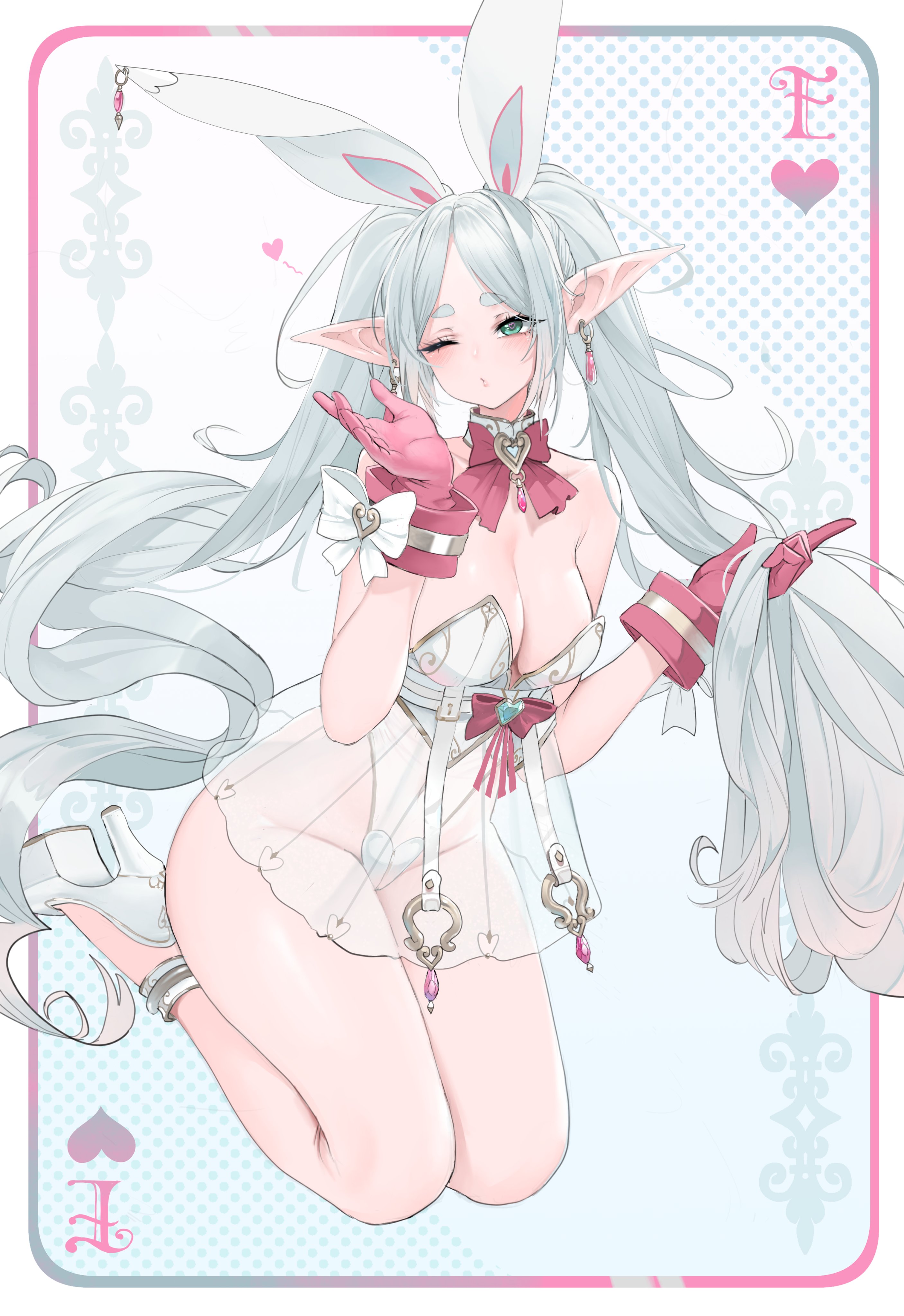 1girls, bare shoulders, blowing kiss, bow choker, breasts, bunny ears, bunny girl, bunnysuit, cleavage, cuf, cuffs (clothing), detached collar, dishwasher1910, elf, elf ears, elf female, female, frieren, gloves, green eyes, heart, hi res, leotard, light skin, light-skinned female, long hair, one eye closed, perky breasts, petite, petite body, platform heels, pointy ears, simple background, small breasts, sousou no frieren, thick eyebrows, thighs, twin braids, twintails, white hair
