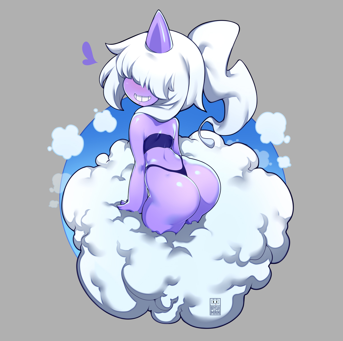 1girls, ambiguous gender, ass, bayeuxman, big ass, bubble ass, bubble butt, dazzi (pal), female, female only, hair over eyes, heart, hidden eyes, horn, long hair, looking at viewer, pal (species), palworld, panties, ponytail, purple body, purple skin, raijin daughter, smaller female, smile, smiling, smiling at viewer, solo, tagme, thick hips, thick thighs, thighs, white hair