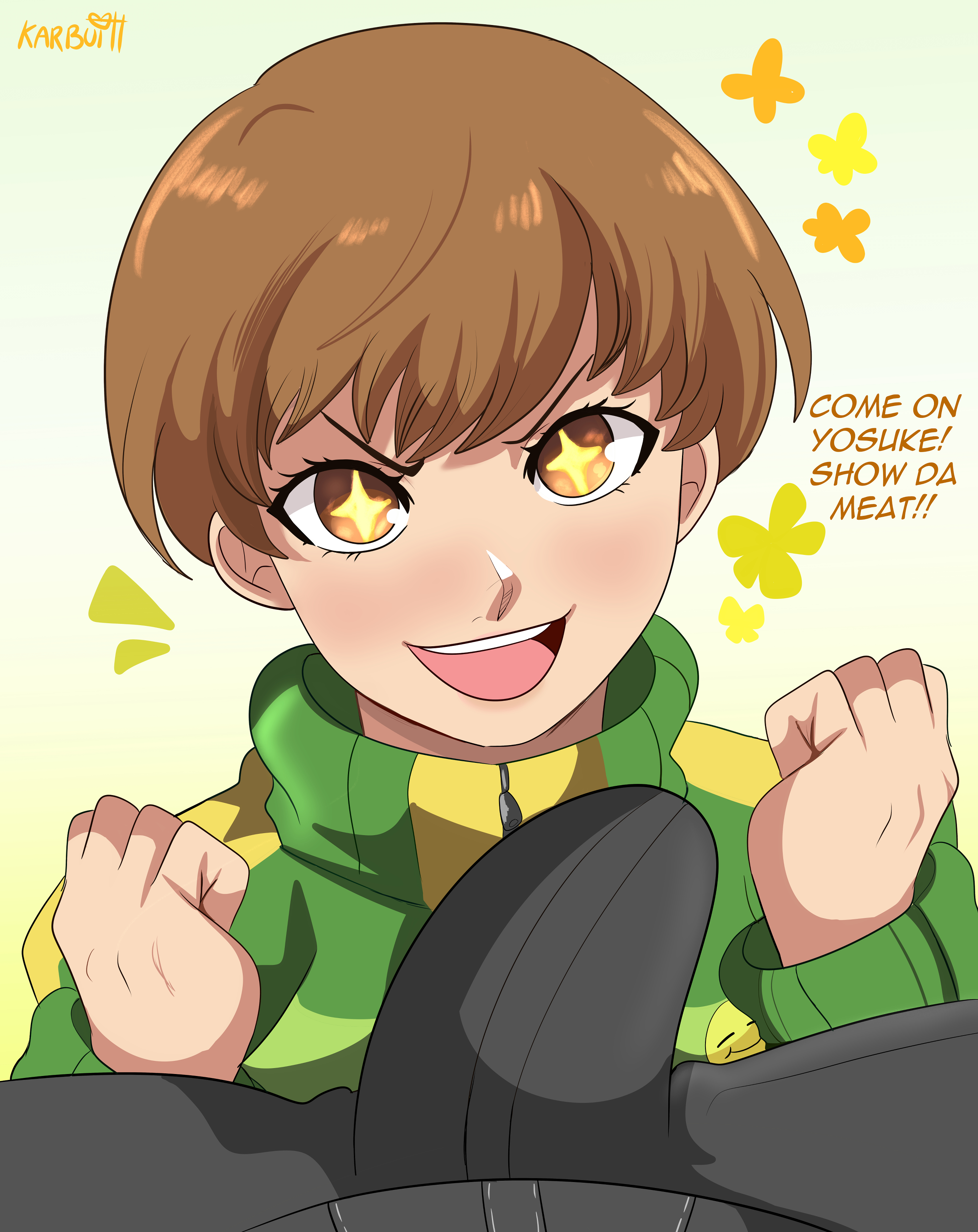1boy, 1girls, atlus, breasts, brown eyes, brown hair, bulge, dialogue, english text, erection under clothes, female, hanamura yousuke, hi res, karbuitt, large penis, light skin, light-skinned female, light-skinned male, male, male pov, penis, persona, persona 4, pov, satonaka chie, short hair, straight, tomboy