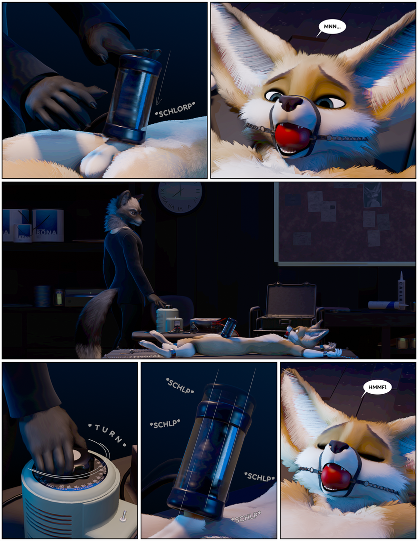 3d_(artwork) animal_genitalia animal_penis anthro ash_(ruaidri) ball_gag balls big_ears blue_eyes bound canid canine canine_genitalia canine_penis canis clothed clothed/nude clothing comic countershading detailed_background digital_media_(artwork) digitigrade duo english_text erection feet_tied fennec forced fox fur gag genitals grey_body grey_fur hands_tied knot kyle_(ruaidri) lying male male/male mammal moan motion_lines navel nude on_back onomatopoeia penile penis penis_milking penis_milking_machine ruaidri sheath sound_effects spread_eagle text white_body white_countershading wolf yellow_body yellow_fur