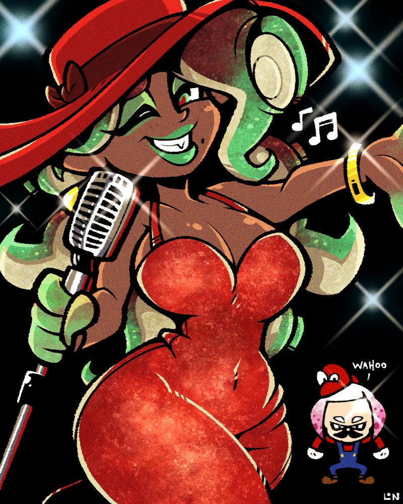 1girls cosplay covered_navel curvy dark-skinned_female dark_skin green_eyes green_hair legendofnerd marina_(splatoon) mario_(cosplay) mario_(series) microphone off_the_hook_(splatoon) pauline_(mario)_(cosplay) pearl_(splatoon) red_dress solo_focus splatoon super_mario_odyssey wide_hips