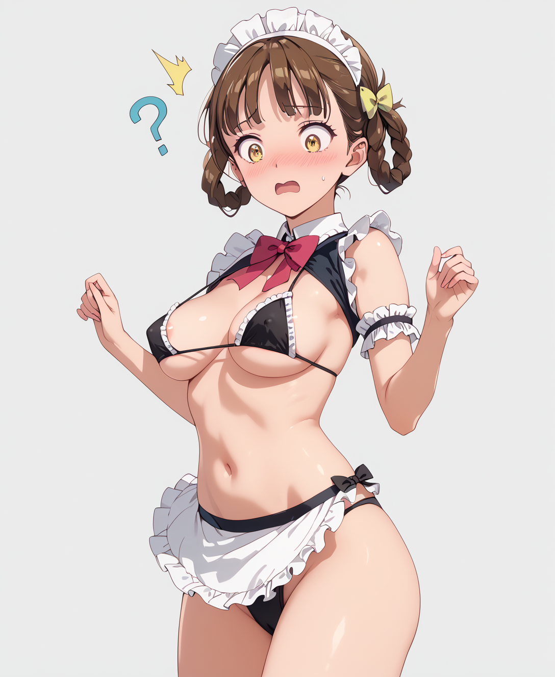 !?, 1girls, 6 fingers, ai generated, blush, braid, breasts, brown eyes, brown hair, chinese clothes, cute, double bun, embarrassed, female, fringe, hair rings, kusuriya no hitorigoto, large breasts, light skin, light-skinned female, maid, maid bikini, maid headdress, maid uniform, mayihavesomeslops, petite, revealing clothes, roleplay, seductive look, short hair, shy, slim, small fringe, surprised, teenager, thick thighs, tied hair, underboob, white background, worried, xiaolan (kusuriya no hitorigoto), yellow eyes, young