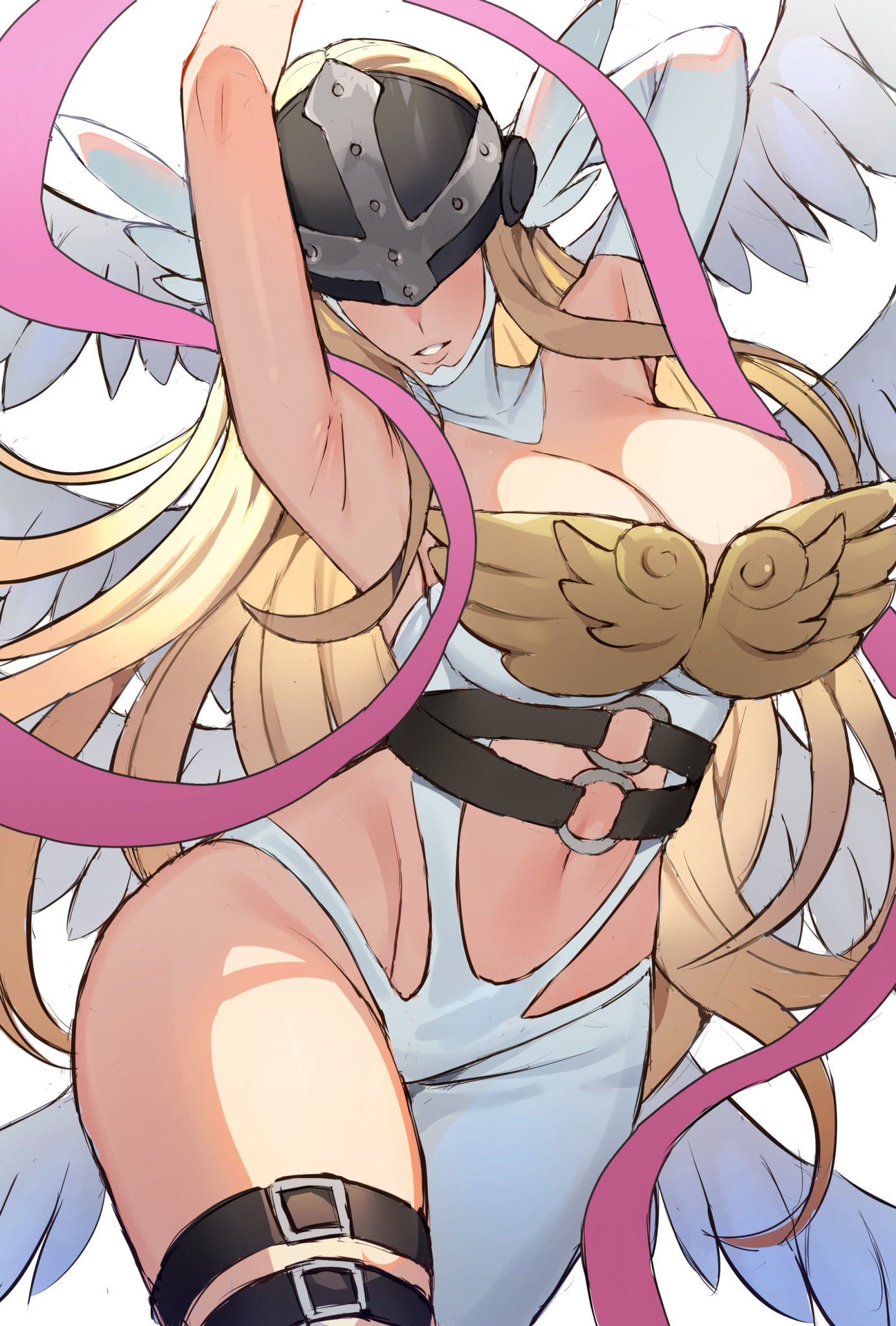 1girls, angel, angel girl, angewomon, armpits, arms behind head, big breasts, blonde hair, breasts, busty, cleavage, confident, curvy, digimon, digimon (species), female, female only, head wings, large breasts, legs, long hair, mask, navel, parted lips, pose, posing, seductive, seductive smile, sensual, sexy armpits, smile, solo, tagme, thick thighs, thighs, wings